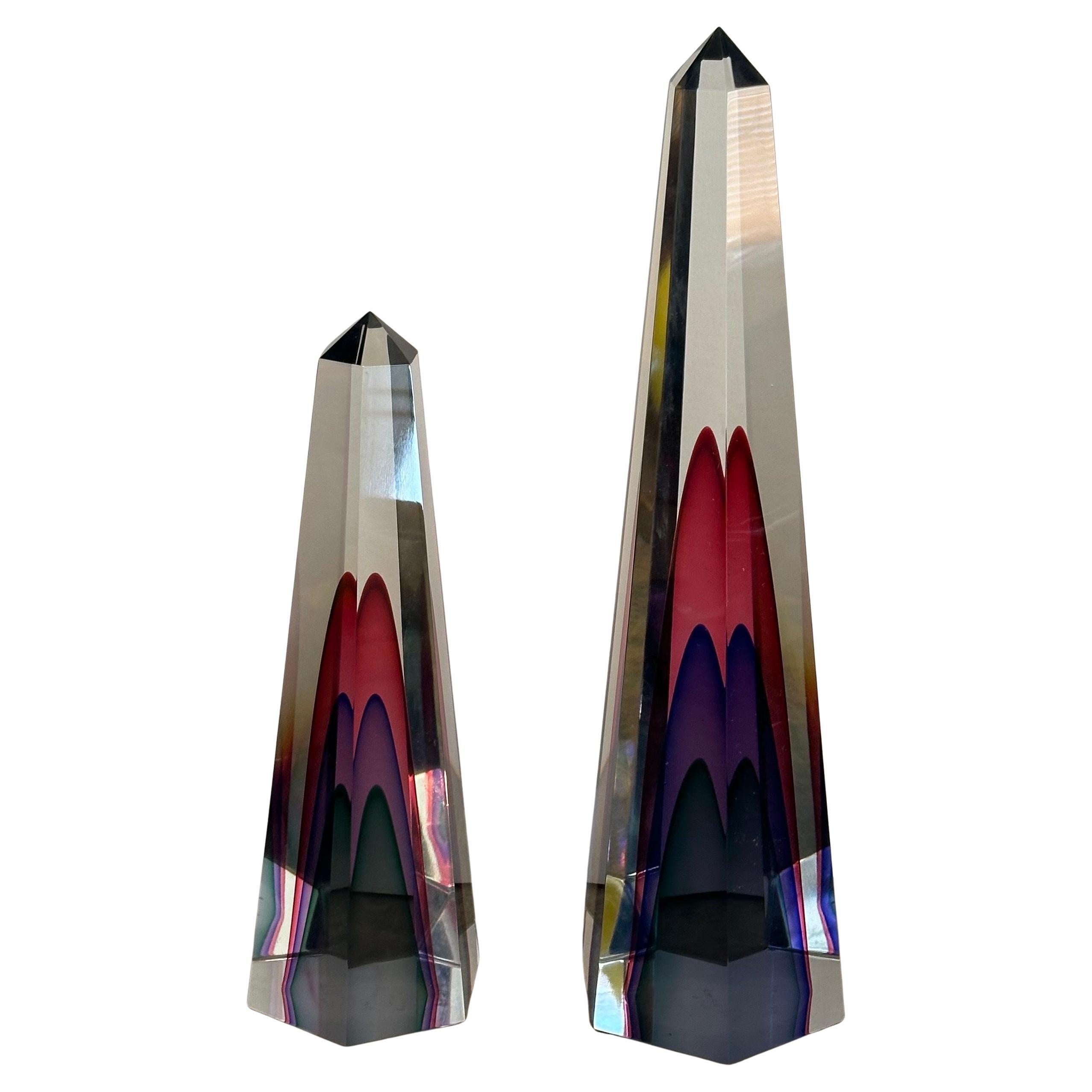 Modern Gorgeous Pair of Multi Sommerso Art Glass Obelisks by Luigi Onesto for Murano For Sale