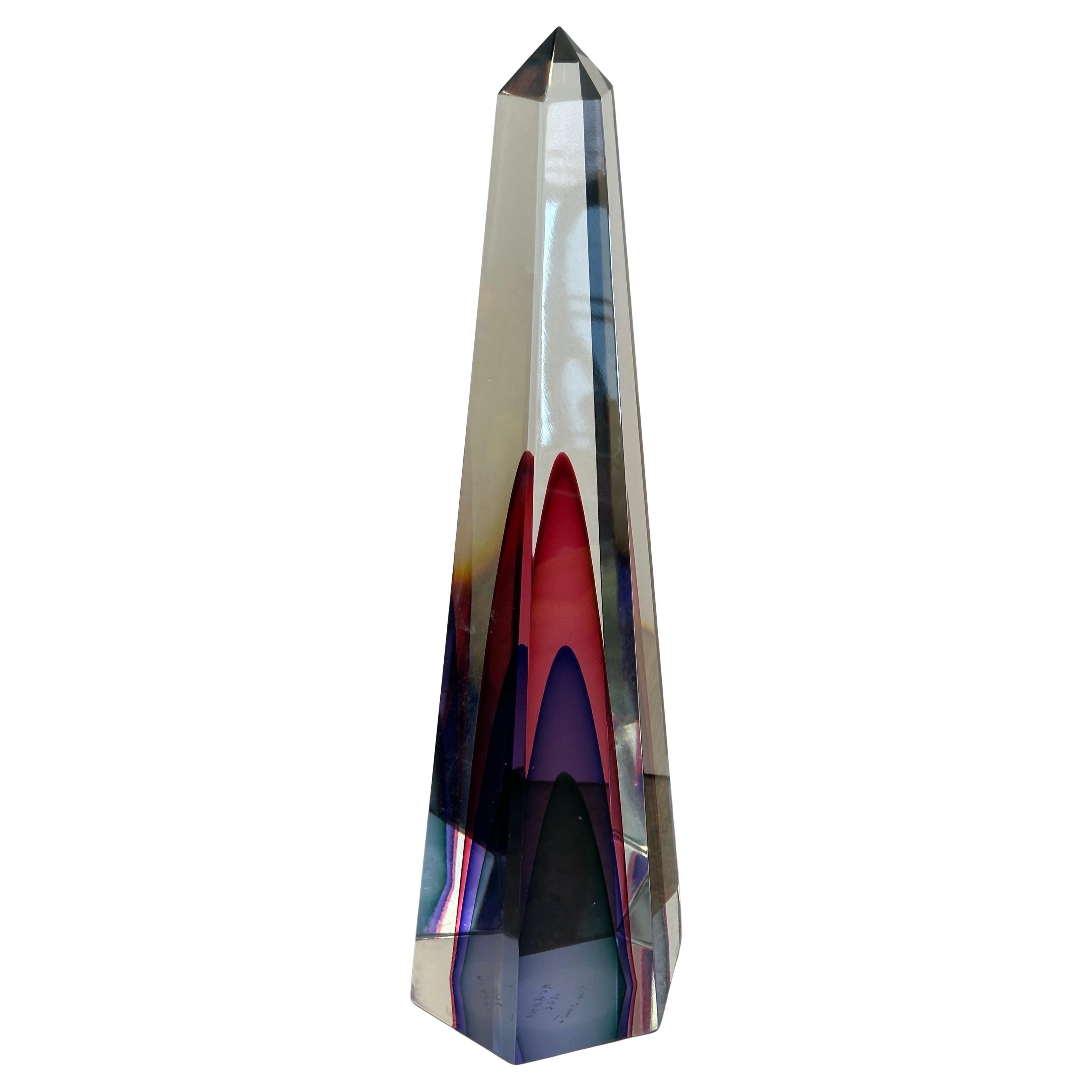 Italian Gorgeous Pair of Multi Sommerso Art Glass Obelisks by Luigi Onesto for Murano For Sale