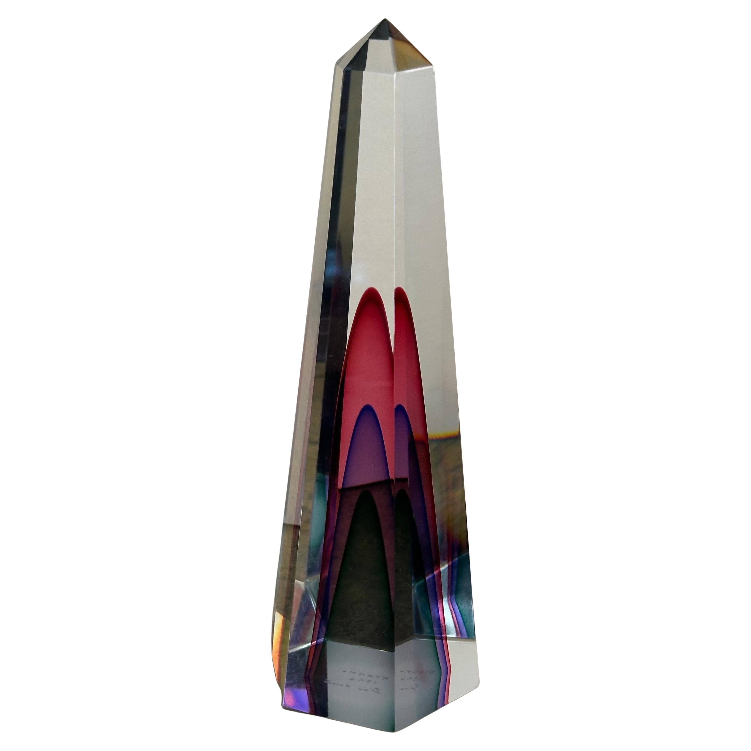 Hand-Crafted Gorgeous Pair of Multi Sommerso Art Glass Obelisks by Luigi Onesto for Murano For Sale