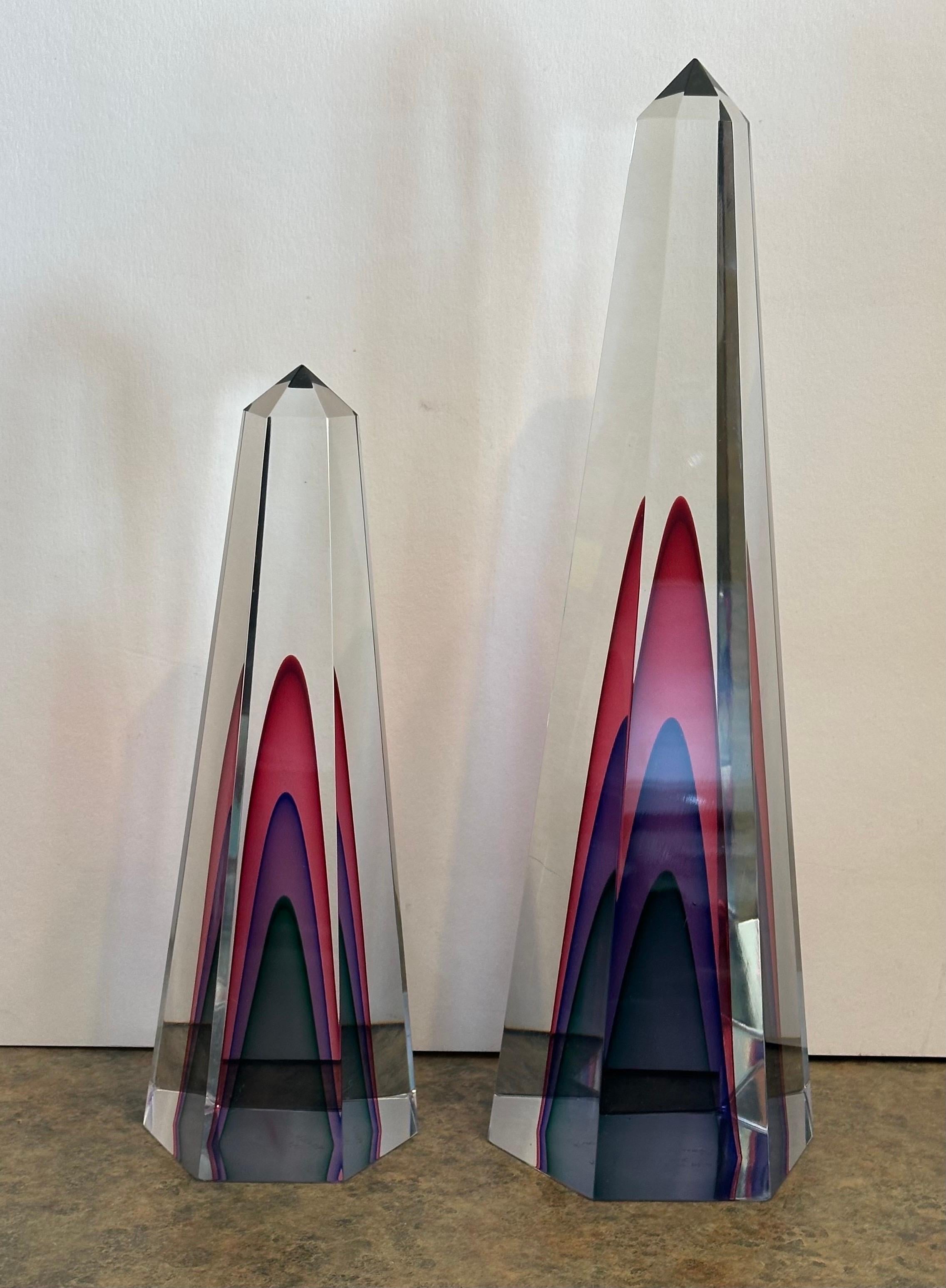 Gorgeous Pair of Multi Sommerso Art Glass Obelisks by Luigi Onesto for Murano In Good Condition For Sale In San Diego, CA