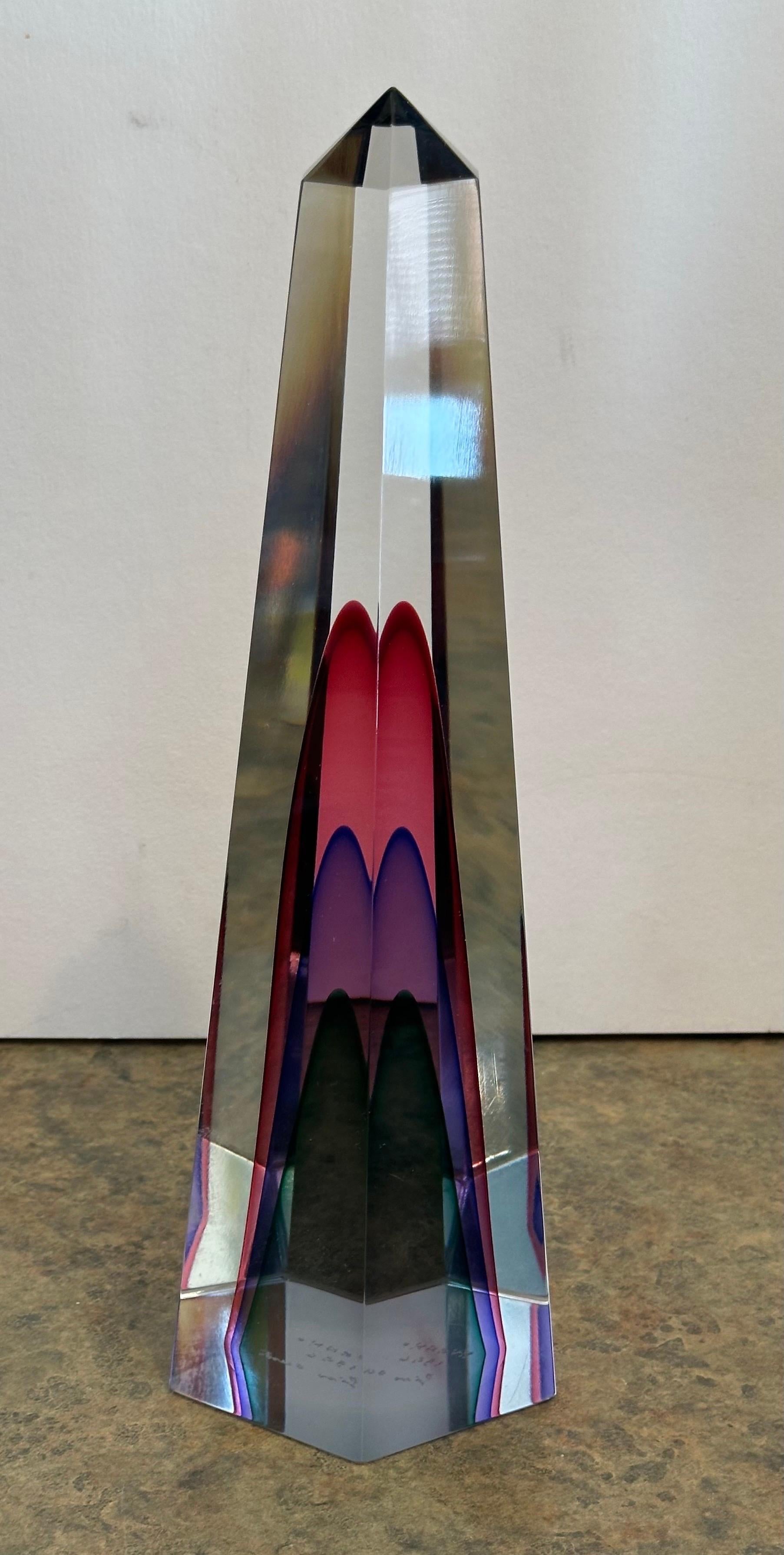 Murano Glass Gorgeous Pair of Multi Sommerso Art Glass Obelisks by Luigi Onesto for Murano For Sale