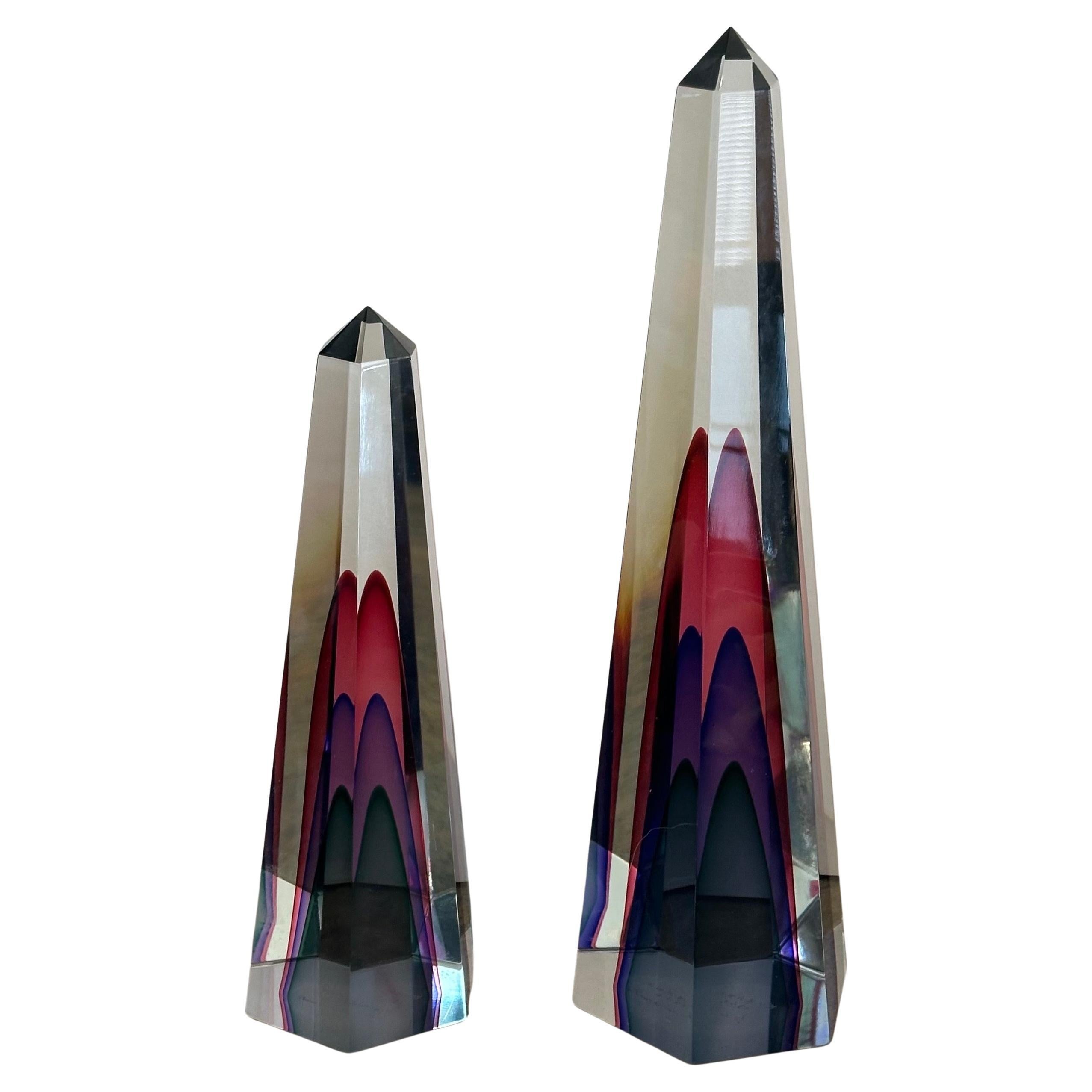 Gorgeous Pair of Multi Sommerso Art Glass Obelisks by Luigi Onesto for Murano For Sale