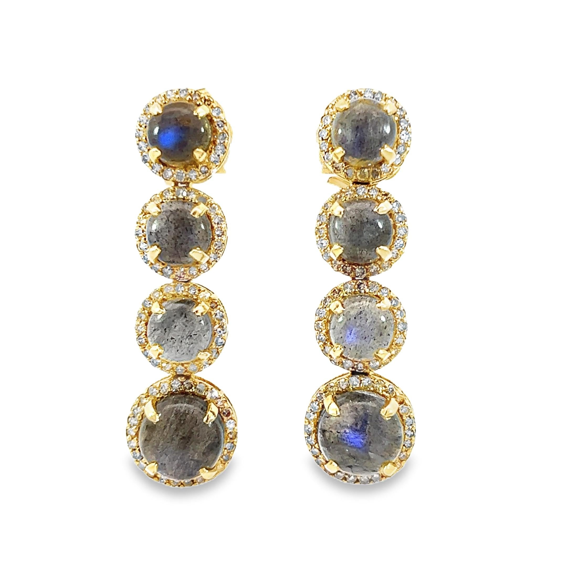 Experience the charm of these gorgeous 14Kt yellow gold earrings set with 1.20 carats of diamonds and 9.65 carats of labradorites. A chain of sparkling diamonds surrounds the elegant design, which is ideal for delivering a sense of refinement to any