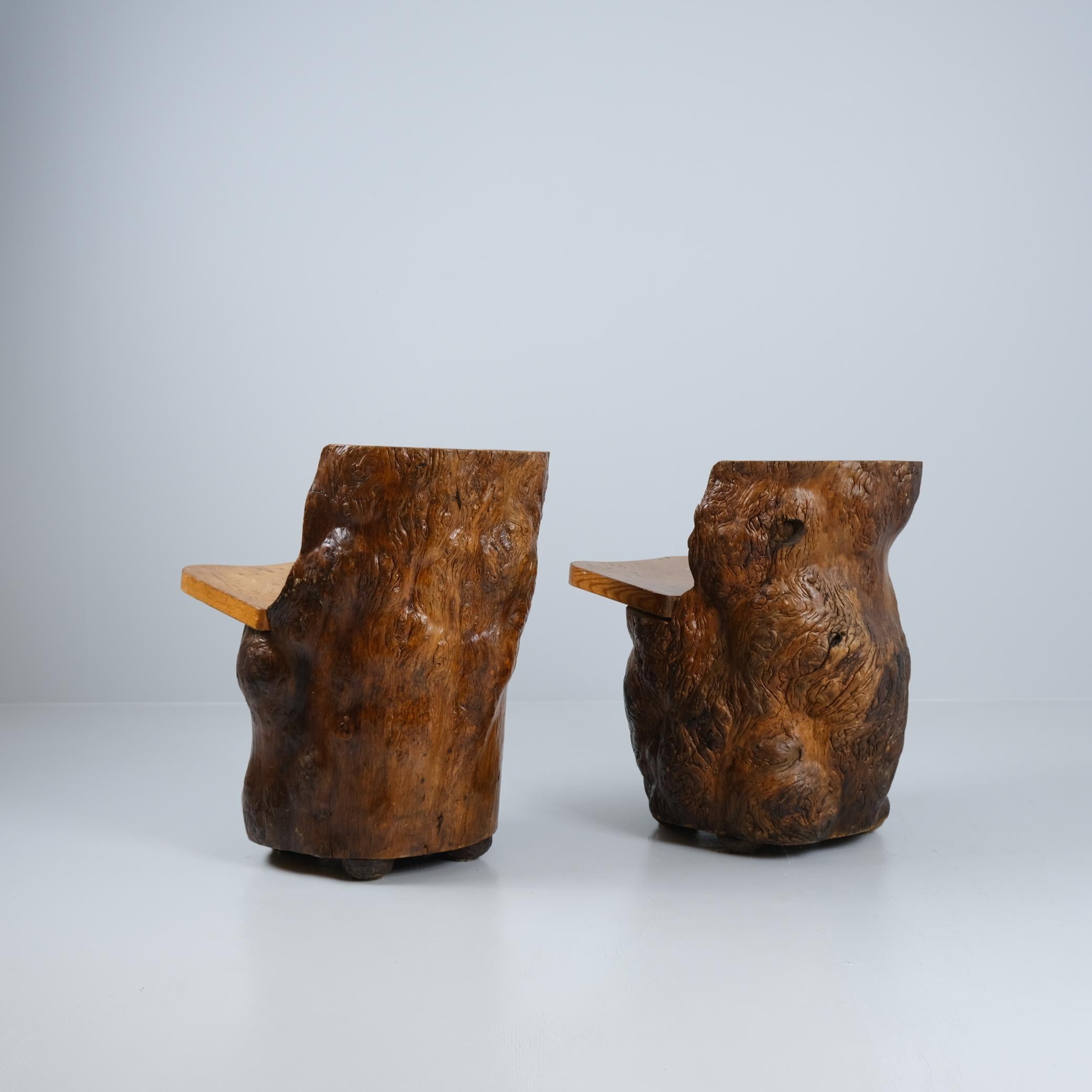 Country Gorgeous Pair of Organic Hand Carved Finnish Tree Trunk Chairs, Finland For Sale