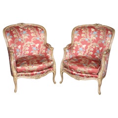Gorgeous Pair of Paint Decorated Upholstered French Large Bergere Chairs