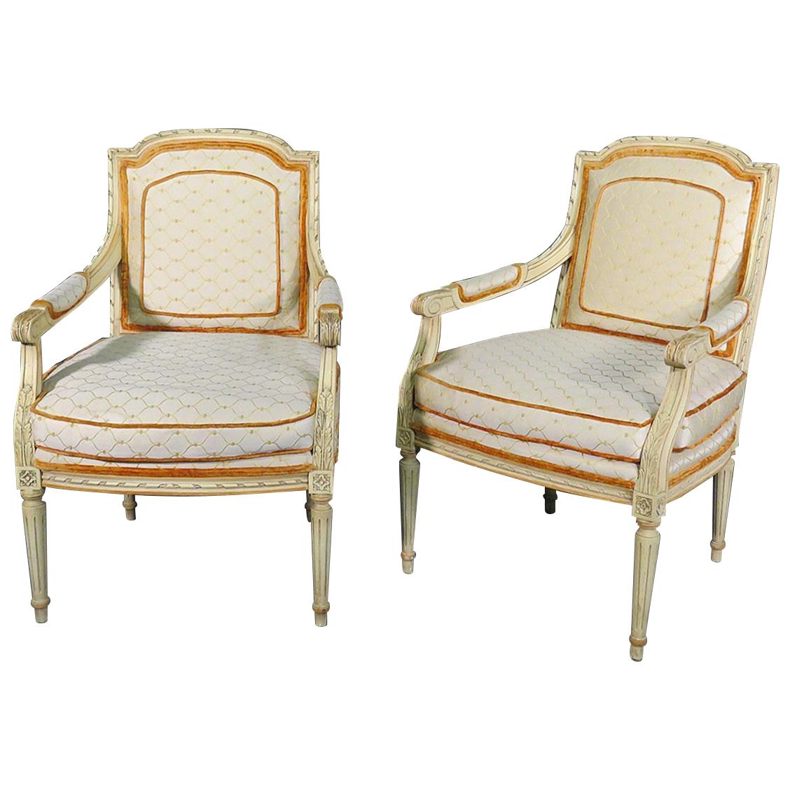 Gorgeous Pair of Painted 1920s Era French Louis XVI Fauteuil Open Armchairs