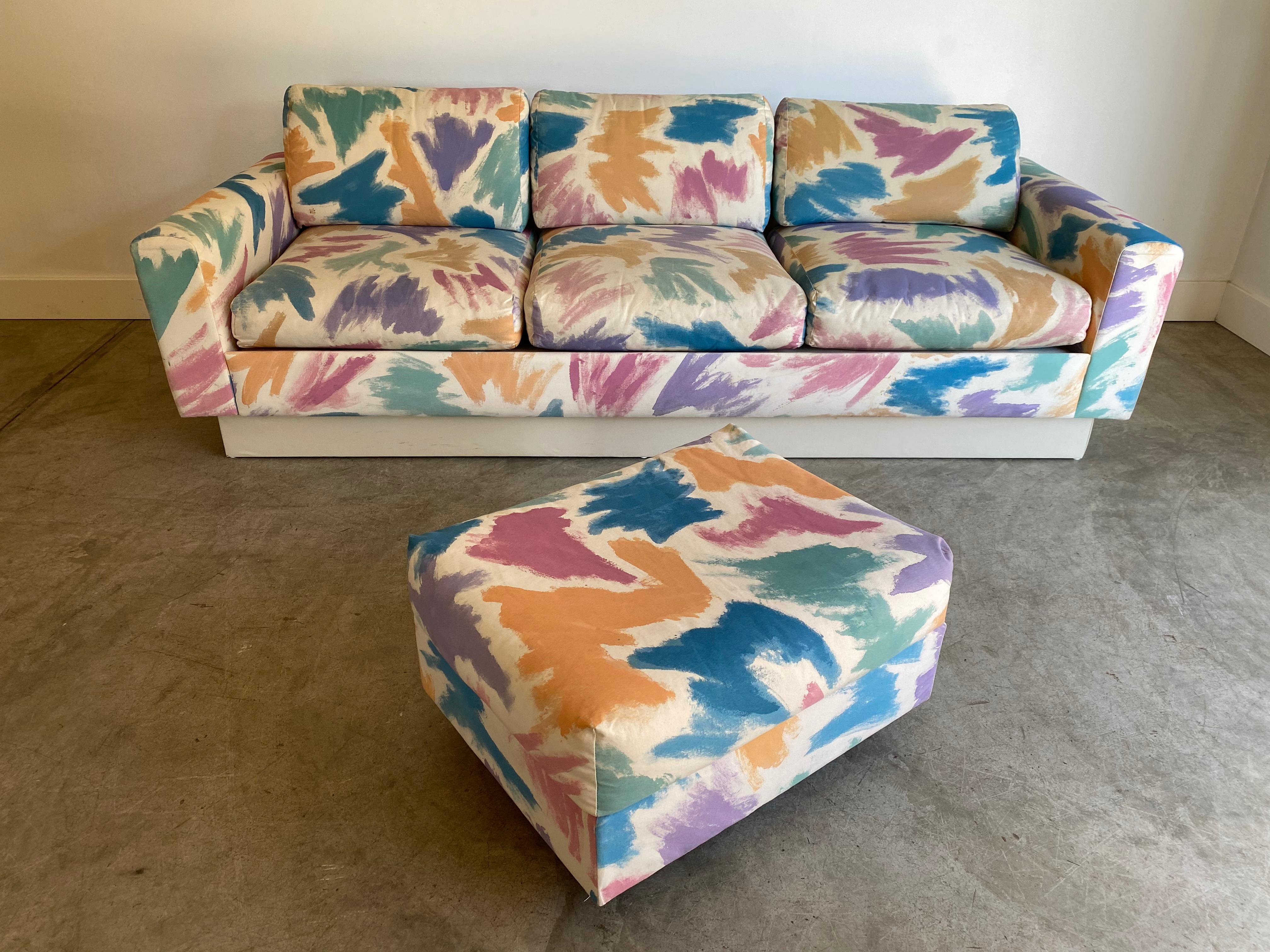 Upholstery Gorgeous Pair of Pastel Brushstroke Platform Sofas