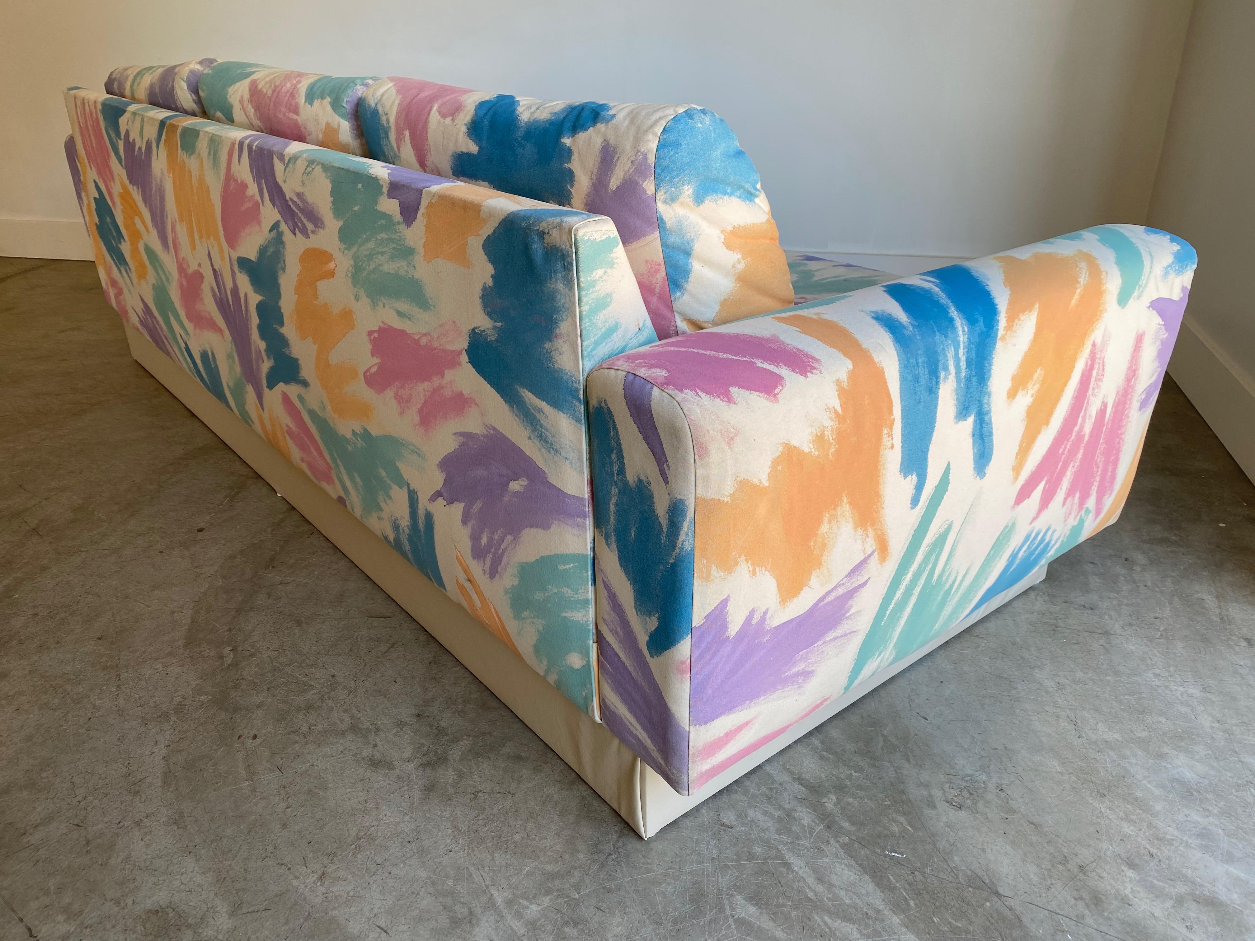 Designer: Unknown- custom made/special order from the 1980s 
Manufacture: Unknown 
Period/style: Postmodern 
Country: US 
Date: 1980s 

This is part of a 5-piece living room ensemble that consists of 2 sofas, a sofa console table, and 2 coffee