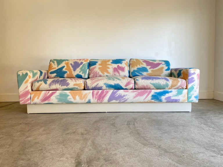 Upholstery Gorgeous Pair of Pastel Brushstroke Platform Sofas For Sale