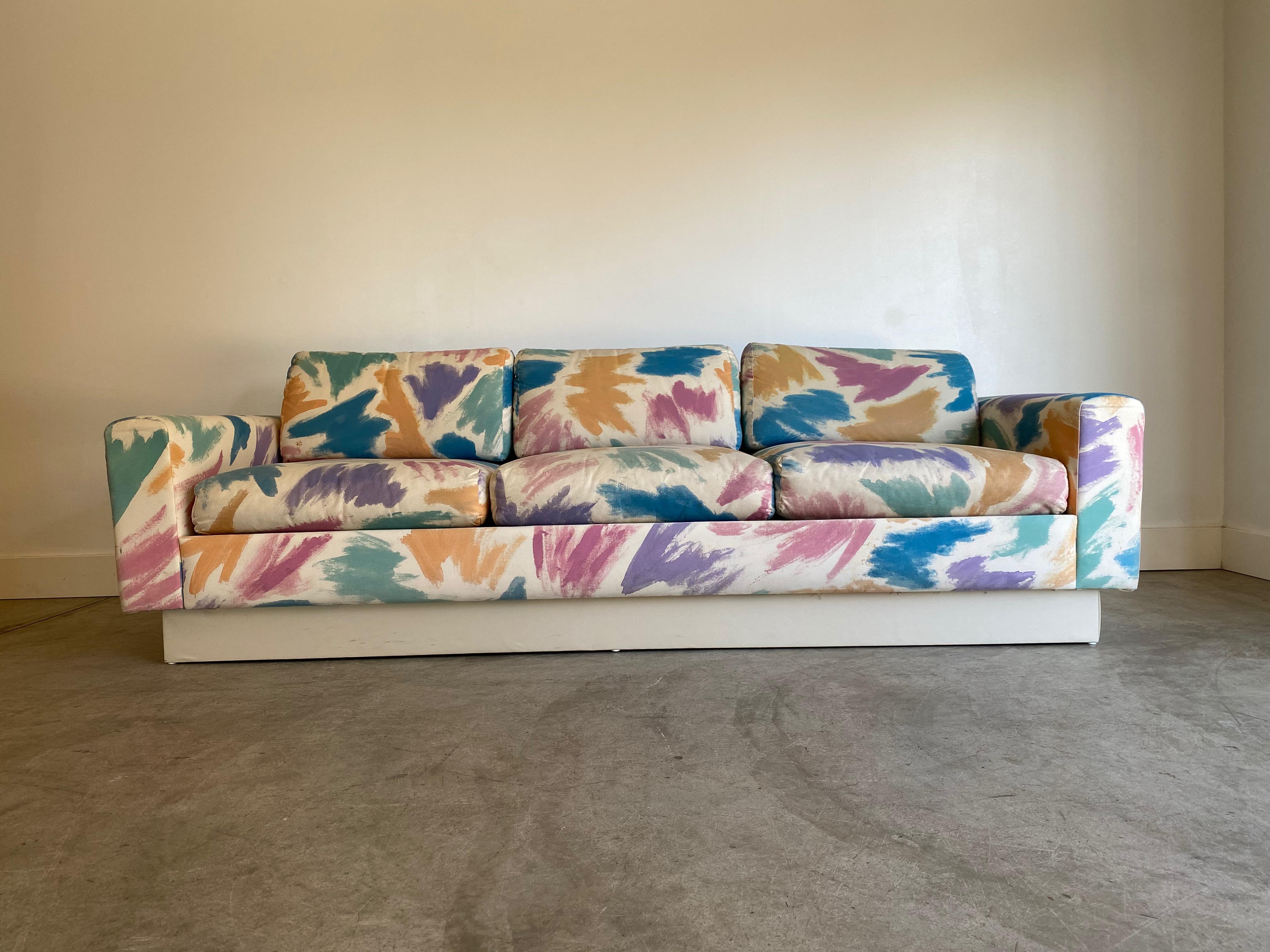 Gorgeous Pair of Pastel Brushstroke Platform Sofas In Good Condition In St. Louis, MO
