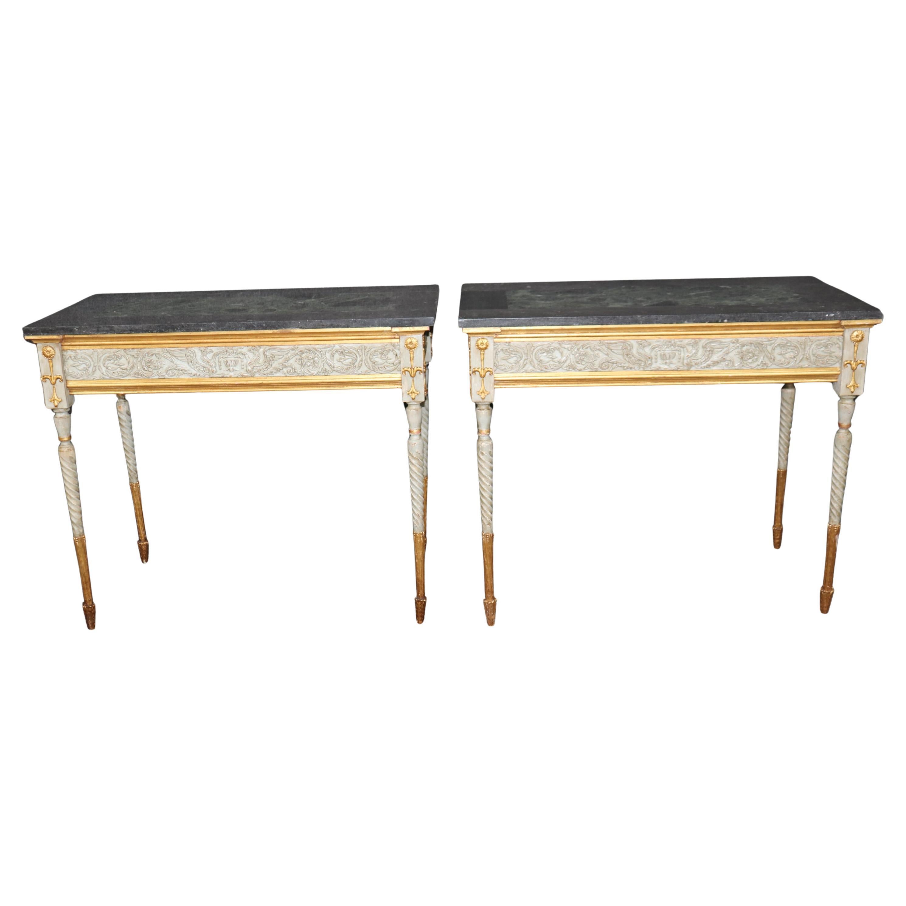 Gorgeous Pair of Pietra Dura Marble Top Creme Painted Gilded Console Tables