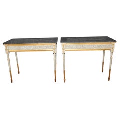 Gorgeous Pair of Pietra Dura Marble Top Creme Painted Gilded Console Tables