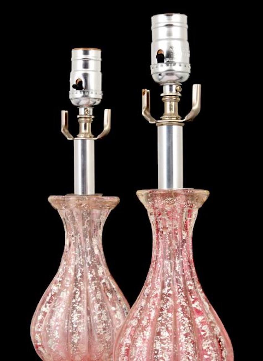 Pair of pink Murano glass lamps. Lamps have silver aventurine throughout. Lamps are by Barovier & Taso.