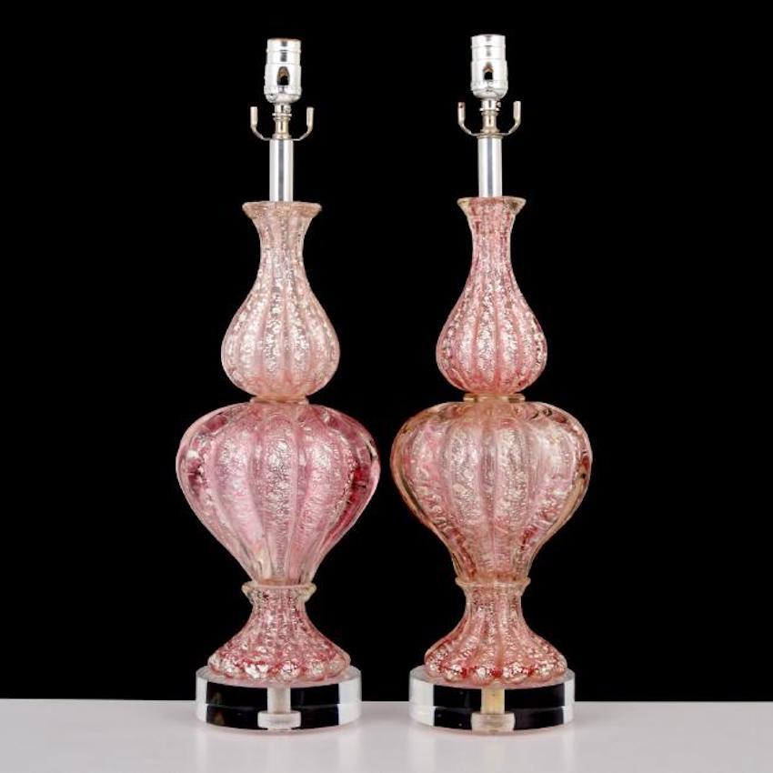 Italian Gorgeous Pair of Pink Murano Glass Lamps by Barovier & Taso, 1970, Italy