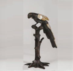 Preciosa Pareja de Raros Pájaros Loros de Bronce y Nácar de la Hacienda de Tamaño Natural