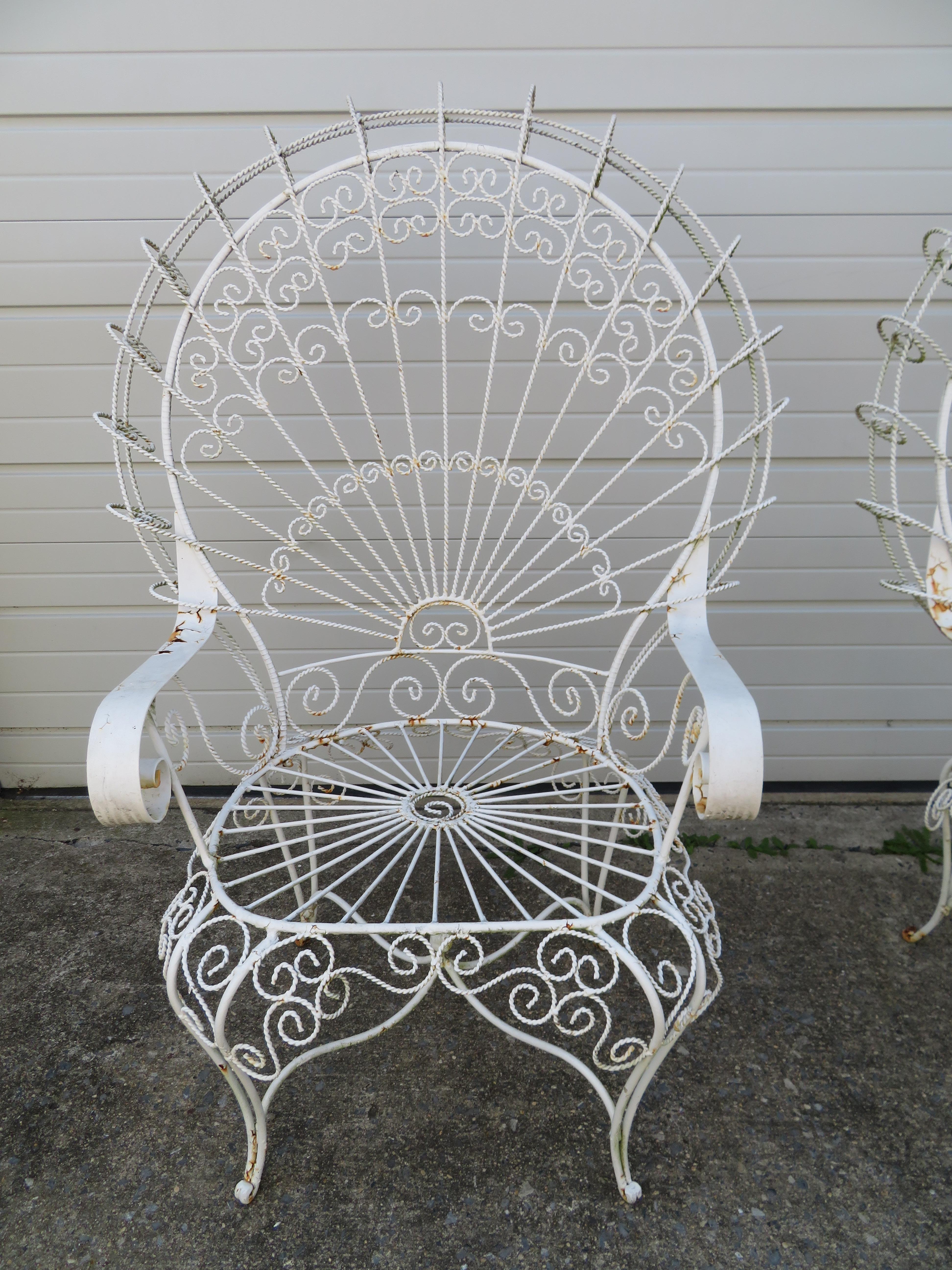 Victorian Gorgeous Pair of Salterini Style Wrought Iron Fan Back Peacock Patio Chairs