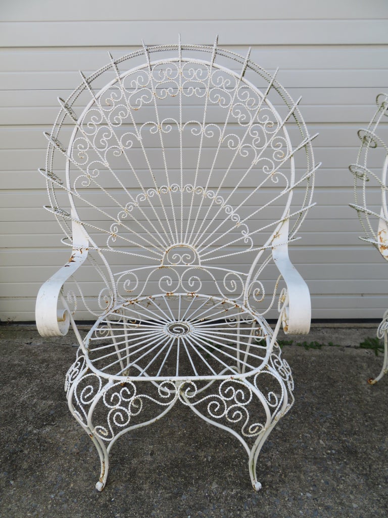 Pair of Salterini Style Wrought Iron Fan Back Peacock Patio