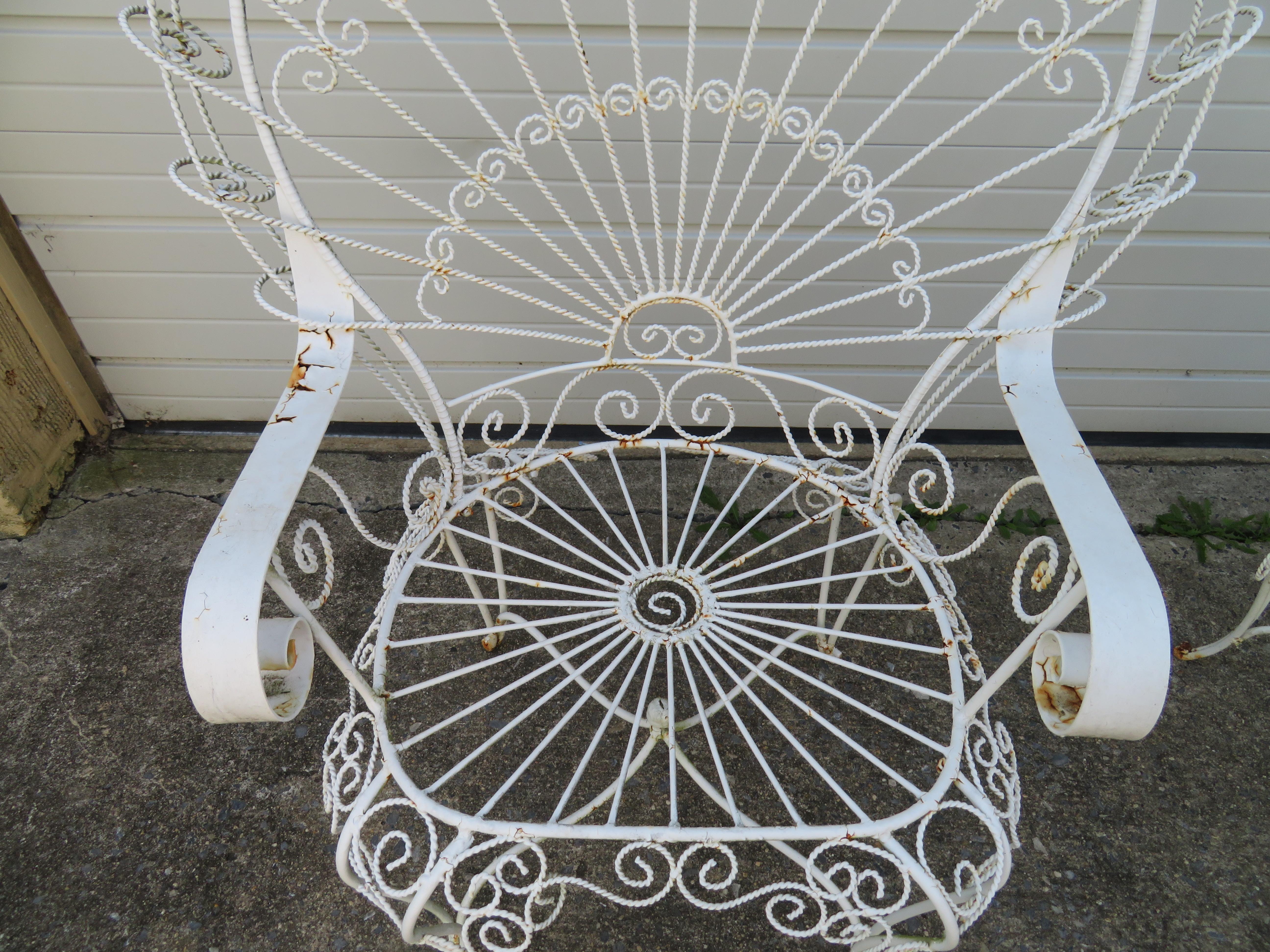 American Gorgeous Pair of Salterini Style Wrought Iron Fan Back Peacock Patio Chairs