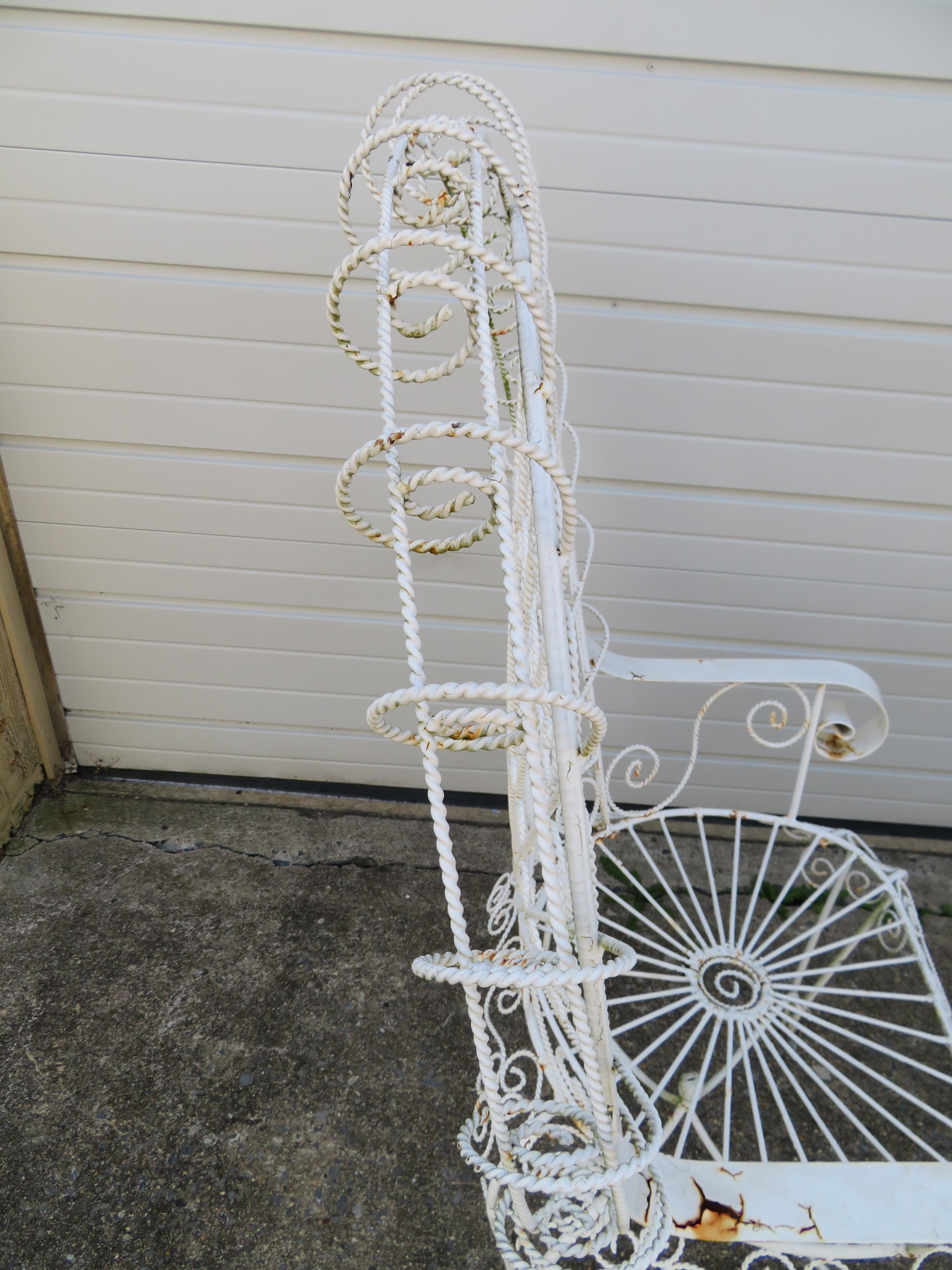 Mid-20th Century Gorgeous Pair of Salterini Style Wrought Iron Fan Back Peacock Patio Chairs