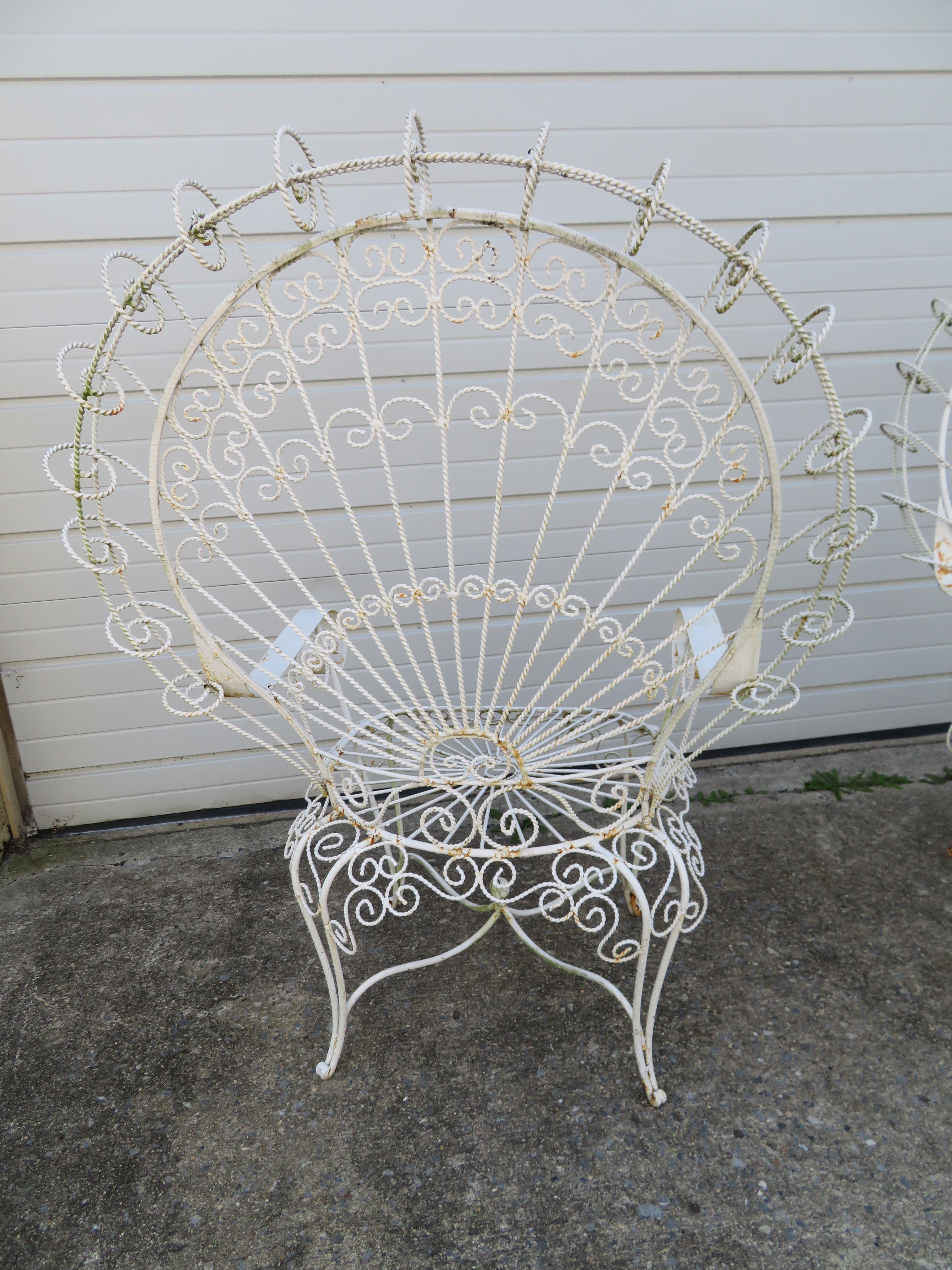Gorgeous Pair of Salterini Style Wrought Iron Fan Back Peacock Patio Chairs 1