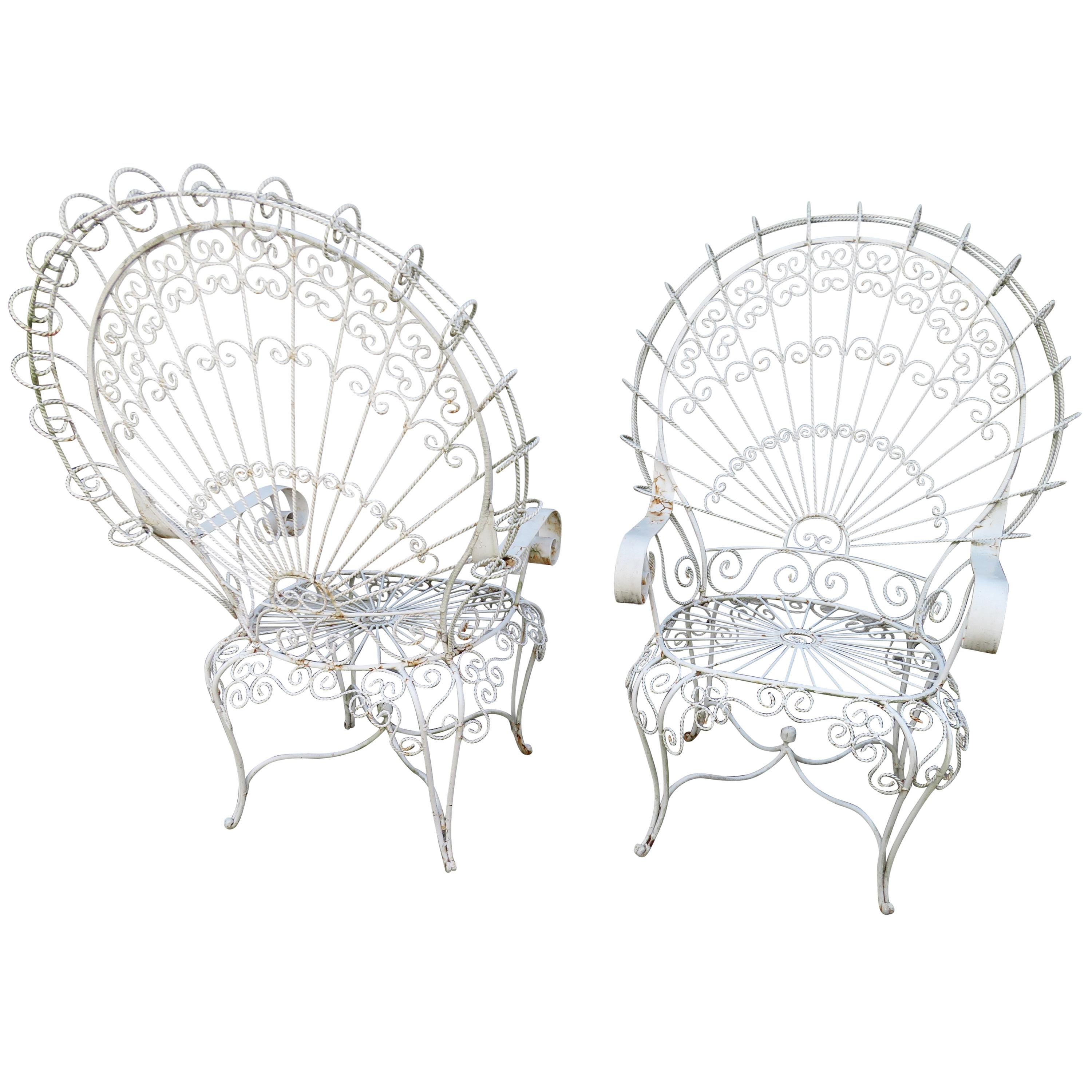 Gorgeous Pair of Salterini Style Wrought Iron Fan Back Peacock Patio Chairs