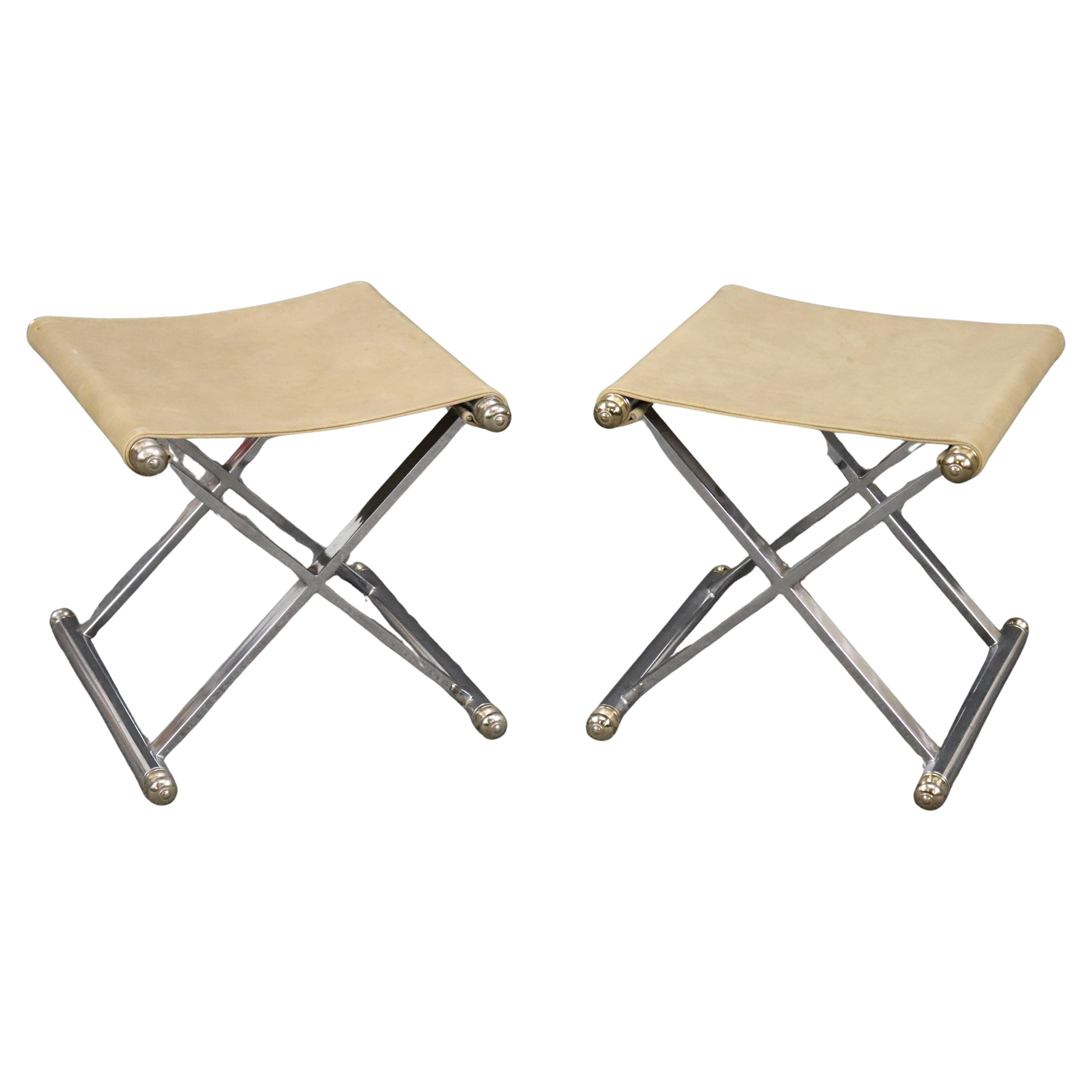 Gorgeous Pair of Steel and Brass Leather Upholstered X form Jansen Style Stools