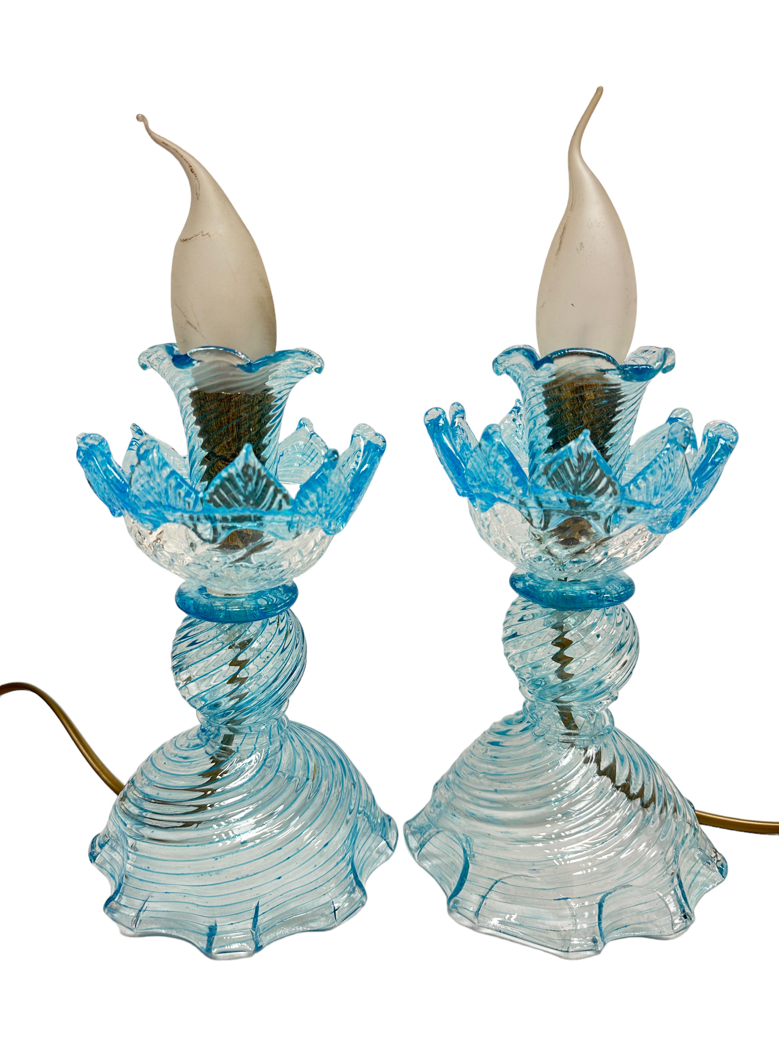 Italian Gorgeous Pair of Victorian Style Clear & Light Blue Murano Glass Table Lamps For Sale