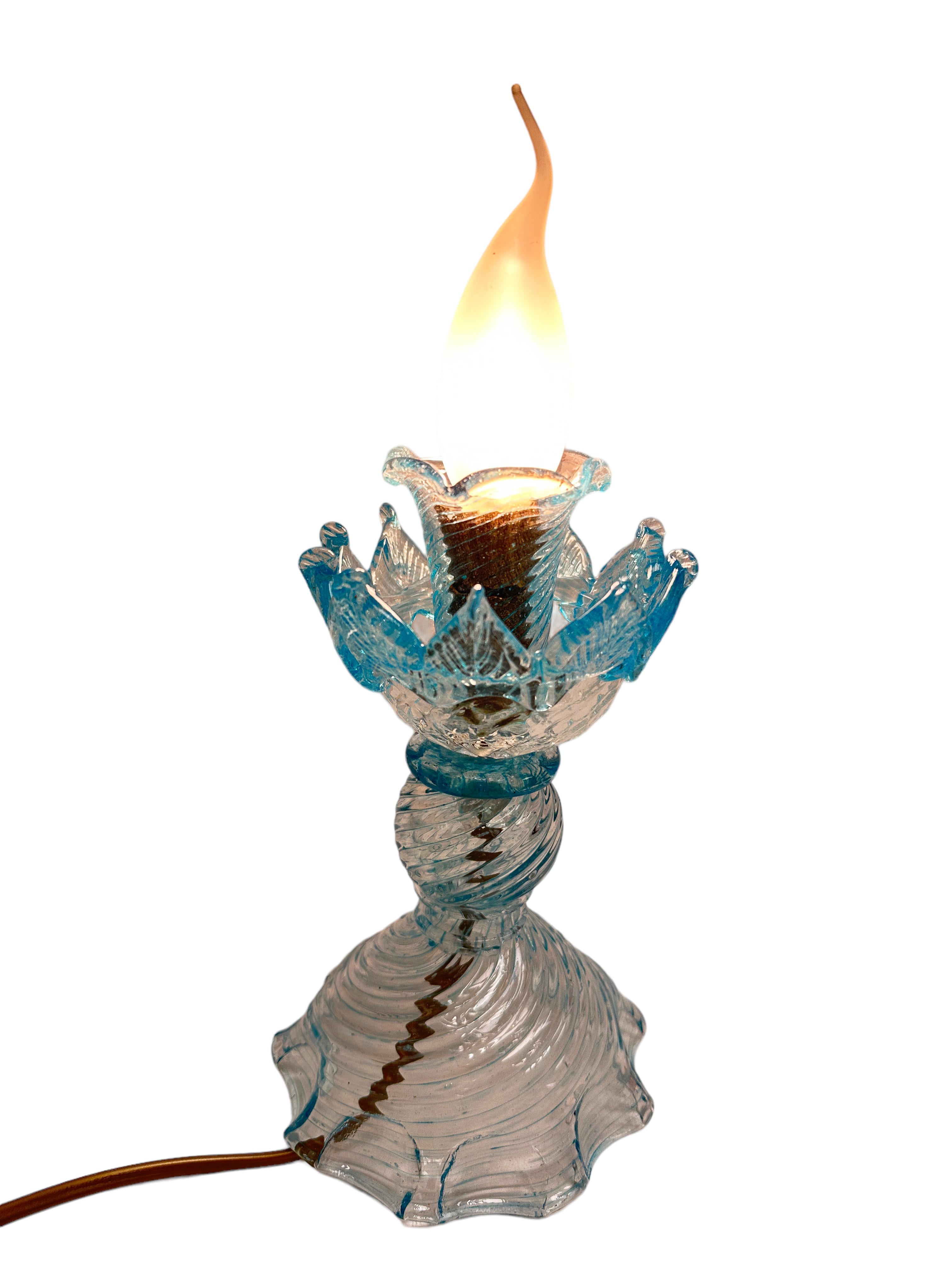 Metal Gorgeous Pair of Victorian Style Clear & Light Blue Murano Glass Table Lamps For Sale