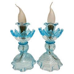 Gorgeous Pair of Victorian Style Clear & Light Blue Murano Glass Table Lamps