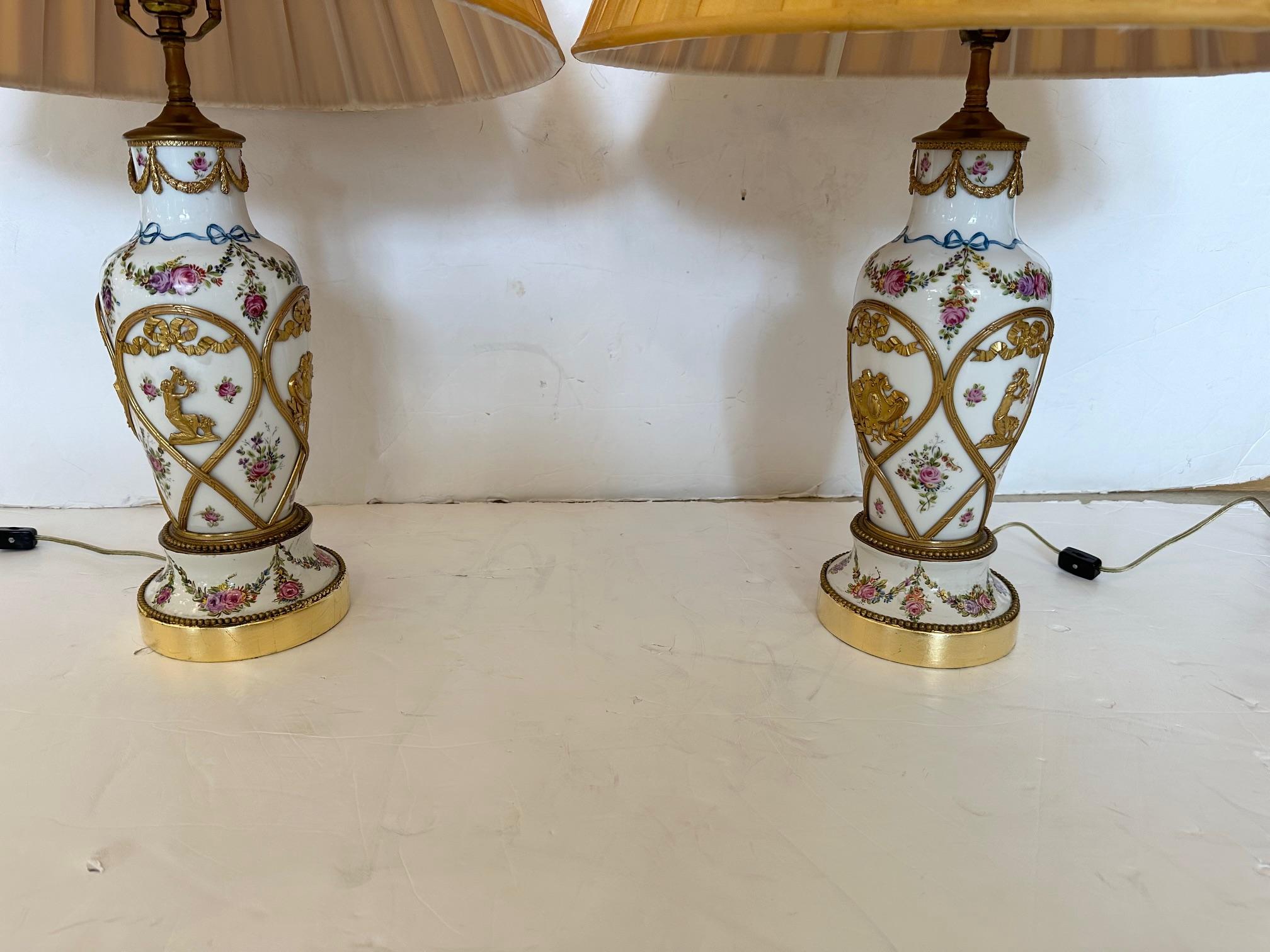 Gorgeous Pair of Vintage Porcelain Painted Table Lamps with Brass Overlays For Sale 6