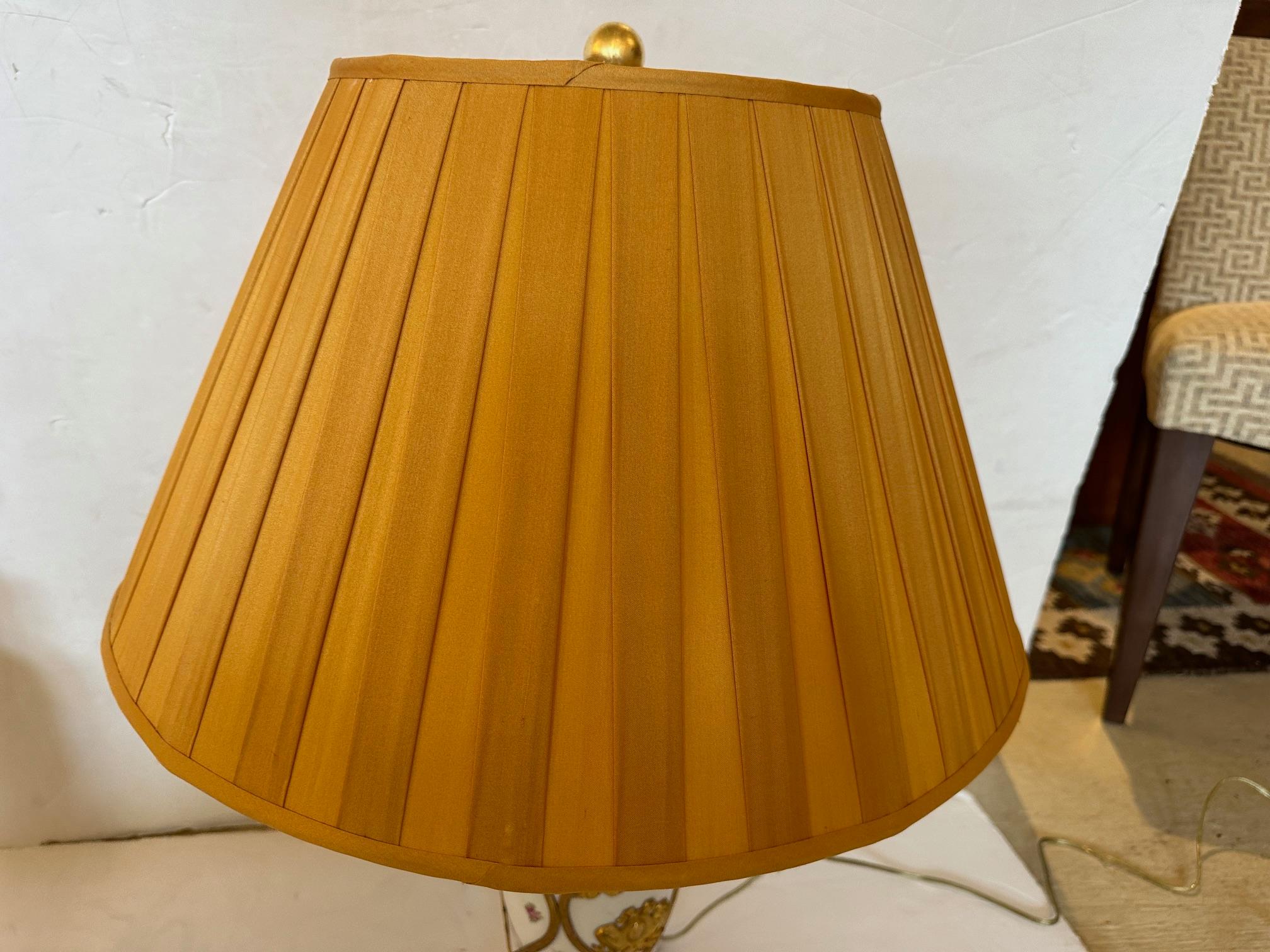 Gorgeous Pair of Vintage Porcelain Painted Table Lamps with Brass Overlays In Good Condition For Sale In Hopewell, NJ