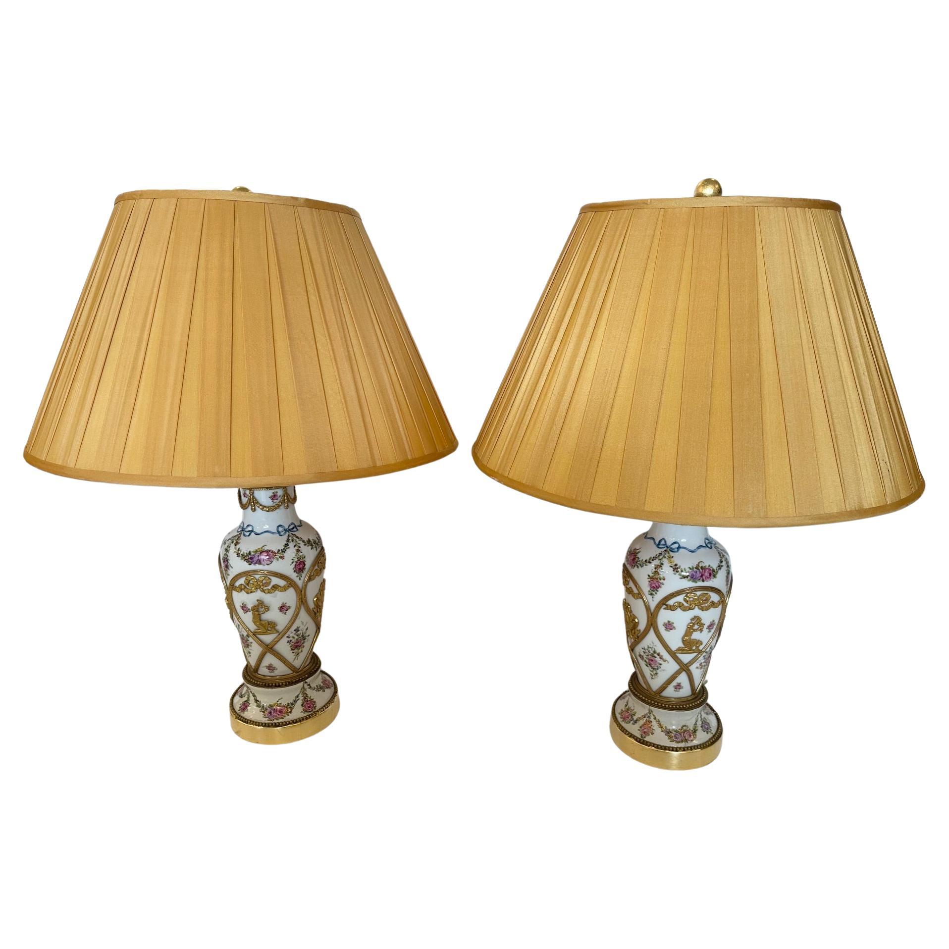 Gorgeous Pair of Vintage Porcelain Painted Table Lamps with Brass Overlays For Sale