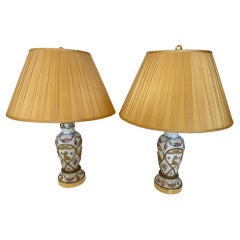 Gorgeous Pair of Retro Porcelain Painted Table Lamps with Brass Overlays