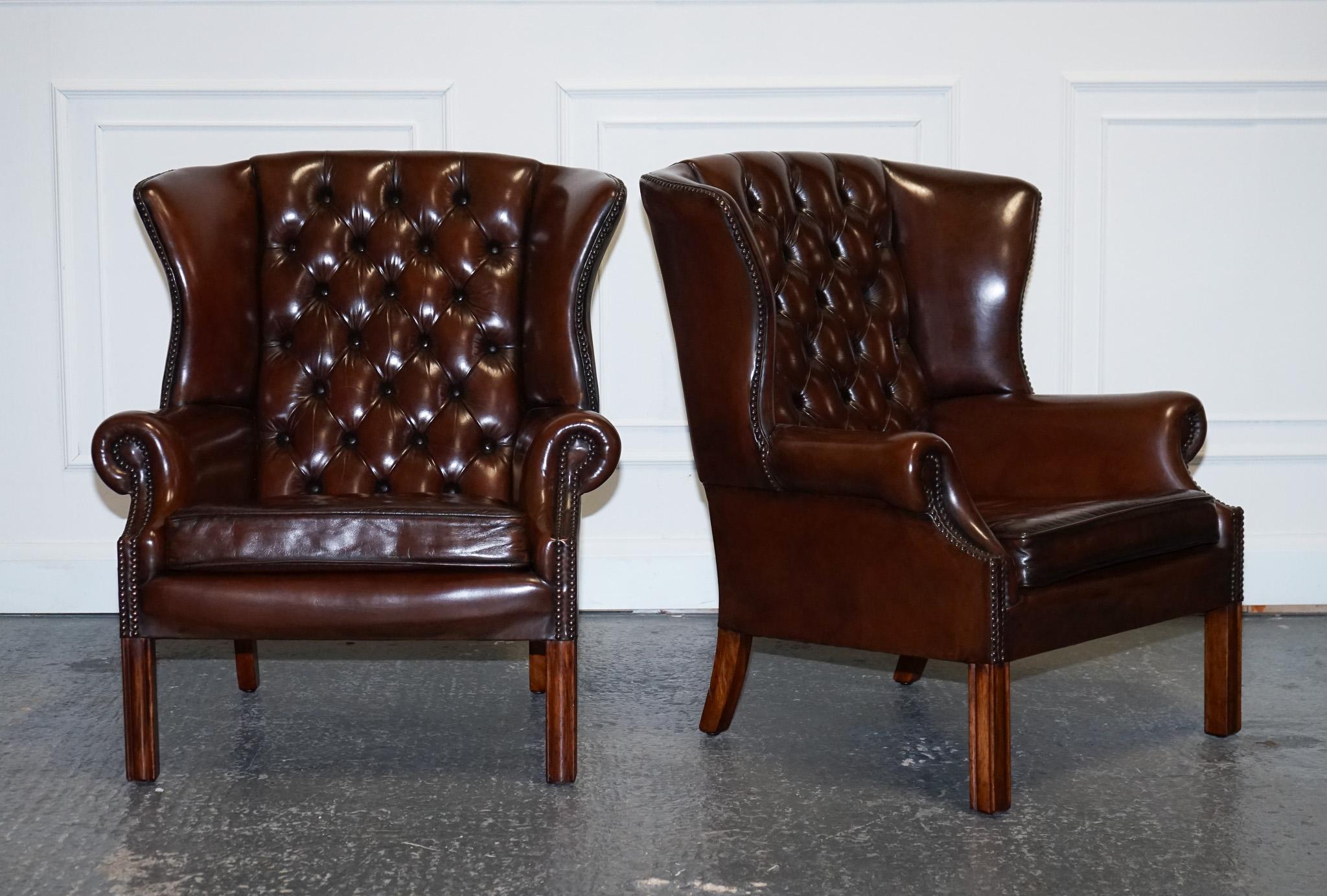 
We are delighted to offer for sale this Gorgeous Pair of Hand Dyed Whiskey Brown Leather Wingbacks Georgian Style.

As mentioned, these chairs are fully restored, our leather polishers have lightly stripped them back and then hand dyed both this