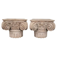Gorgeous Pair Paint Decorated Carved Wooden Ionic Column Wall Shelves