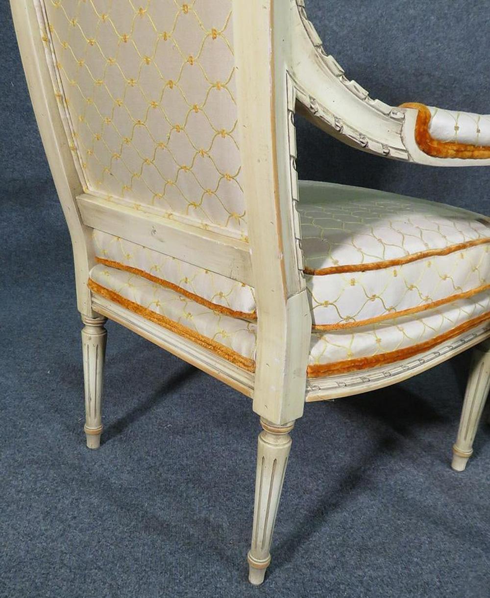 Gorgeous Pair of Painted 1920s Era French Louis XVI Fauteuil Open Armchairs 1