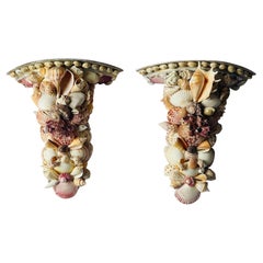 Gorgeous Pair Sea Shell Encrusted Wall Brackets Sconces