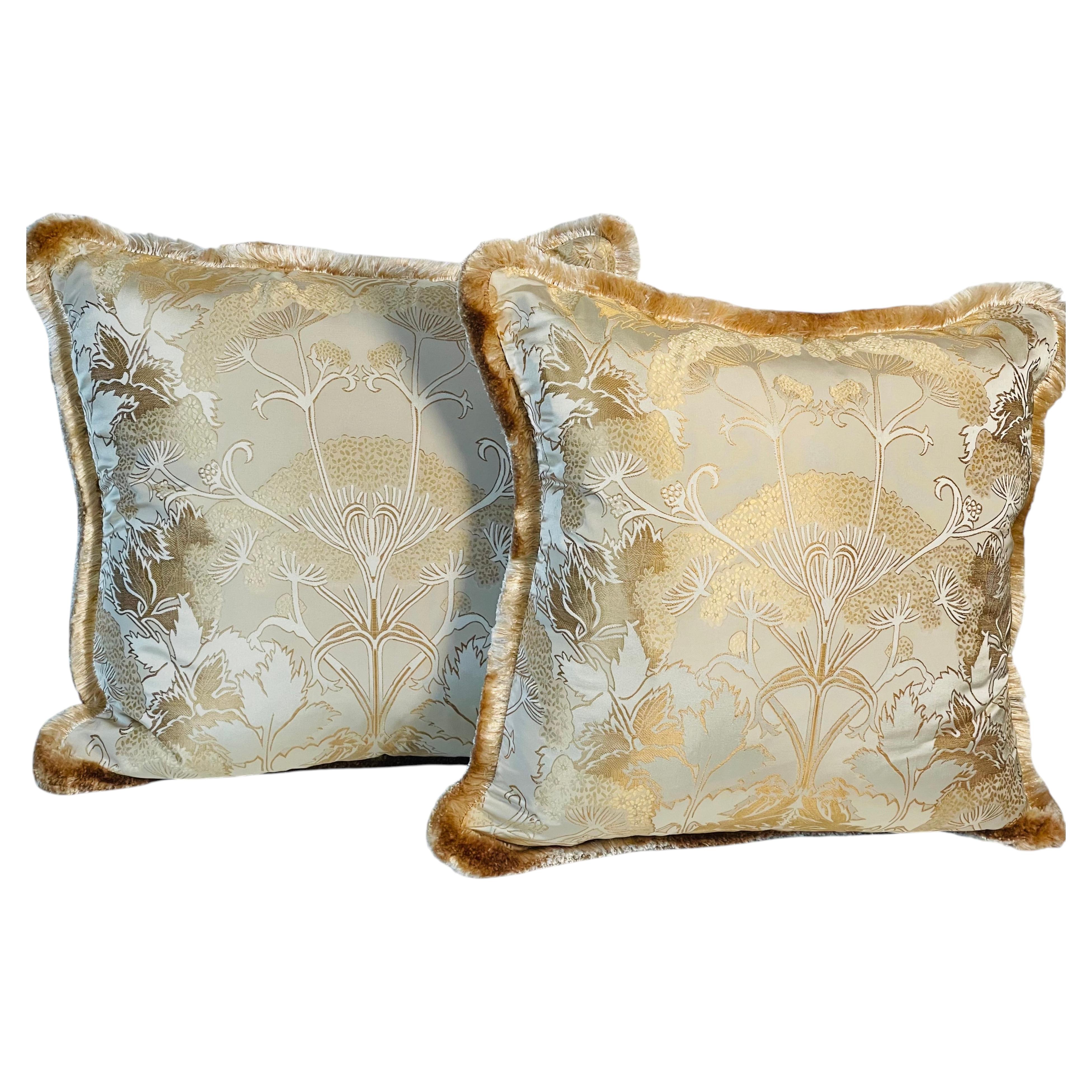 Gorgeous Pair Silk Brocade Fortuny Style Pillows Feather Down