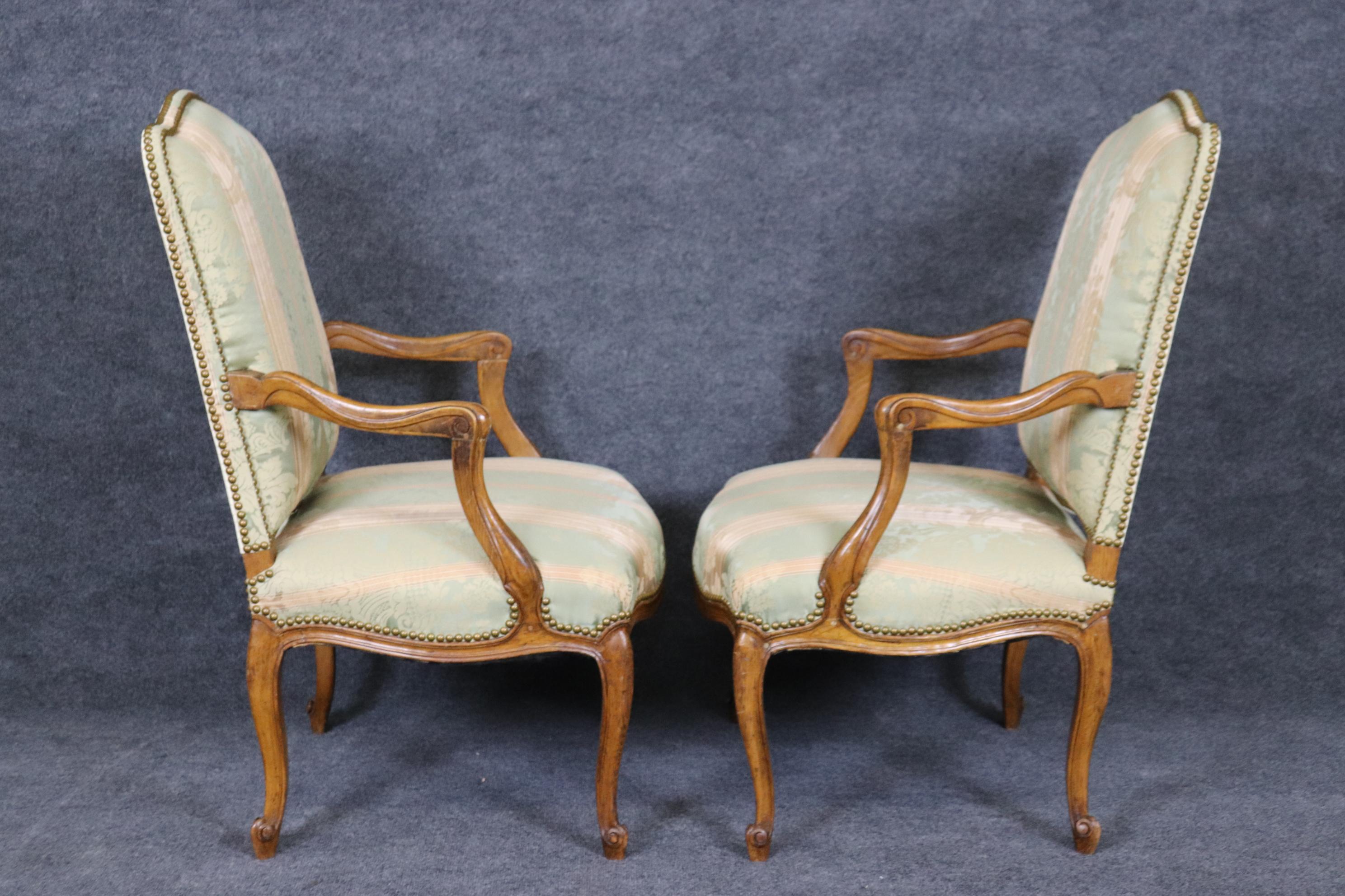 Walnut Gorgeous Pair Silk Damask Upholstered French Louis XV Style Armchairs   For Sale