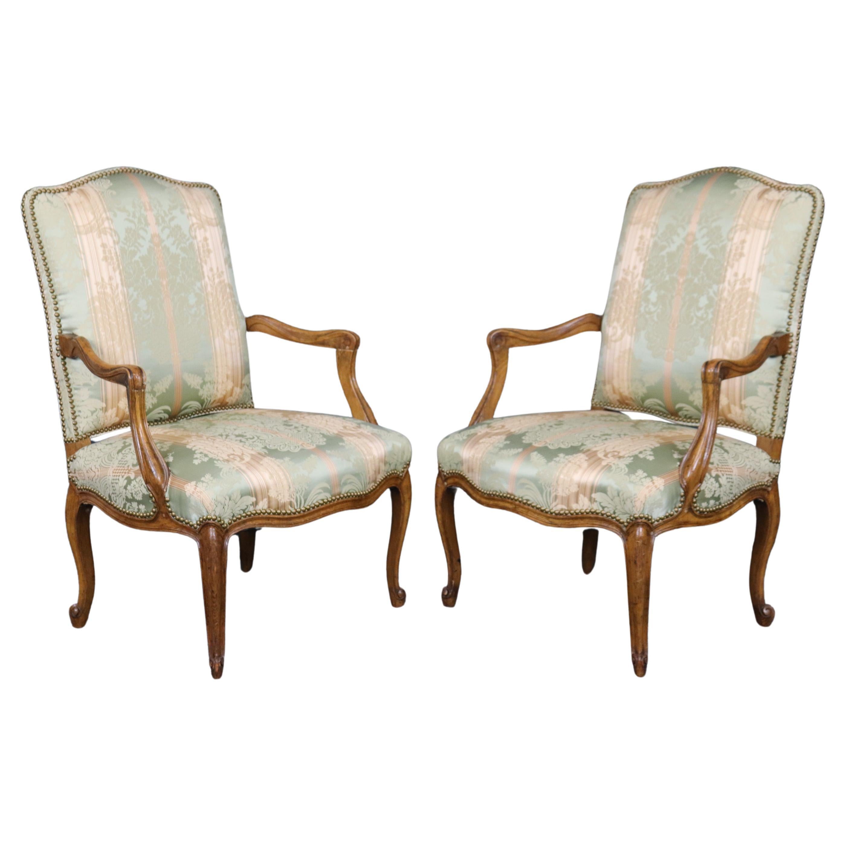 Gorgeous Pair Silk Damask Upholstered French Louis XV Style Armchairs   For Sale