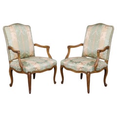 Vintage Gorgeous Pair Silk Damask Upholstered French Louis XV Style Armchairs  