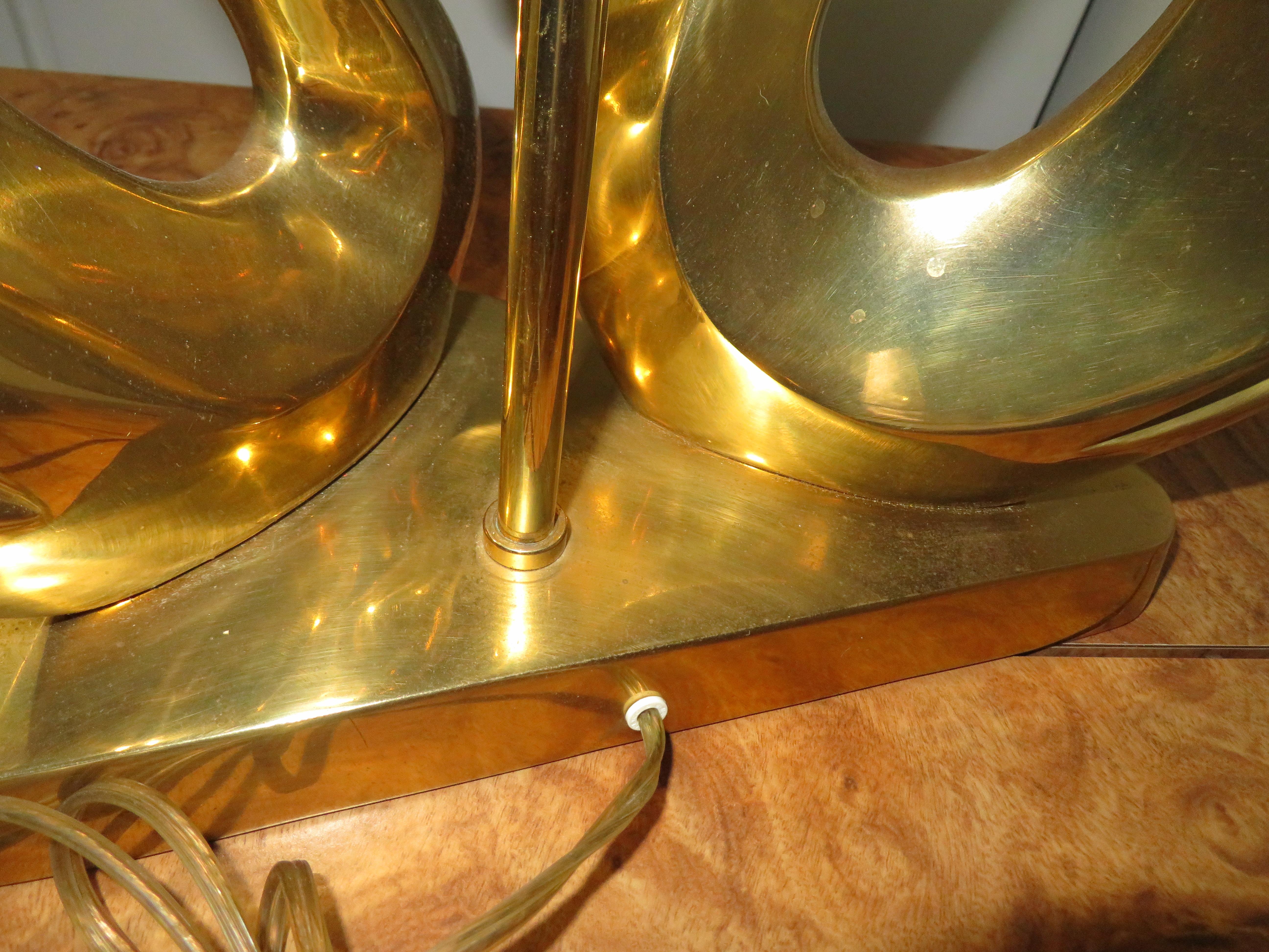 Late 20th Century Gorgeous Pair Solid Brass Mid-Century Modern Stylized Swan Lamps For Sale