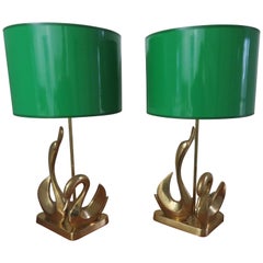 Gorgeous Pair Massivem Messing Mitte des Jahrhunderts Modern Stilisierte Swan Lampen