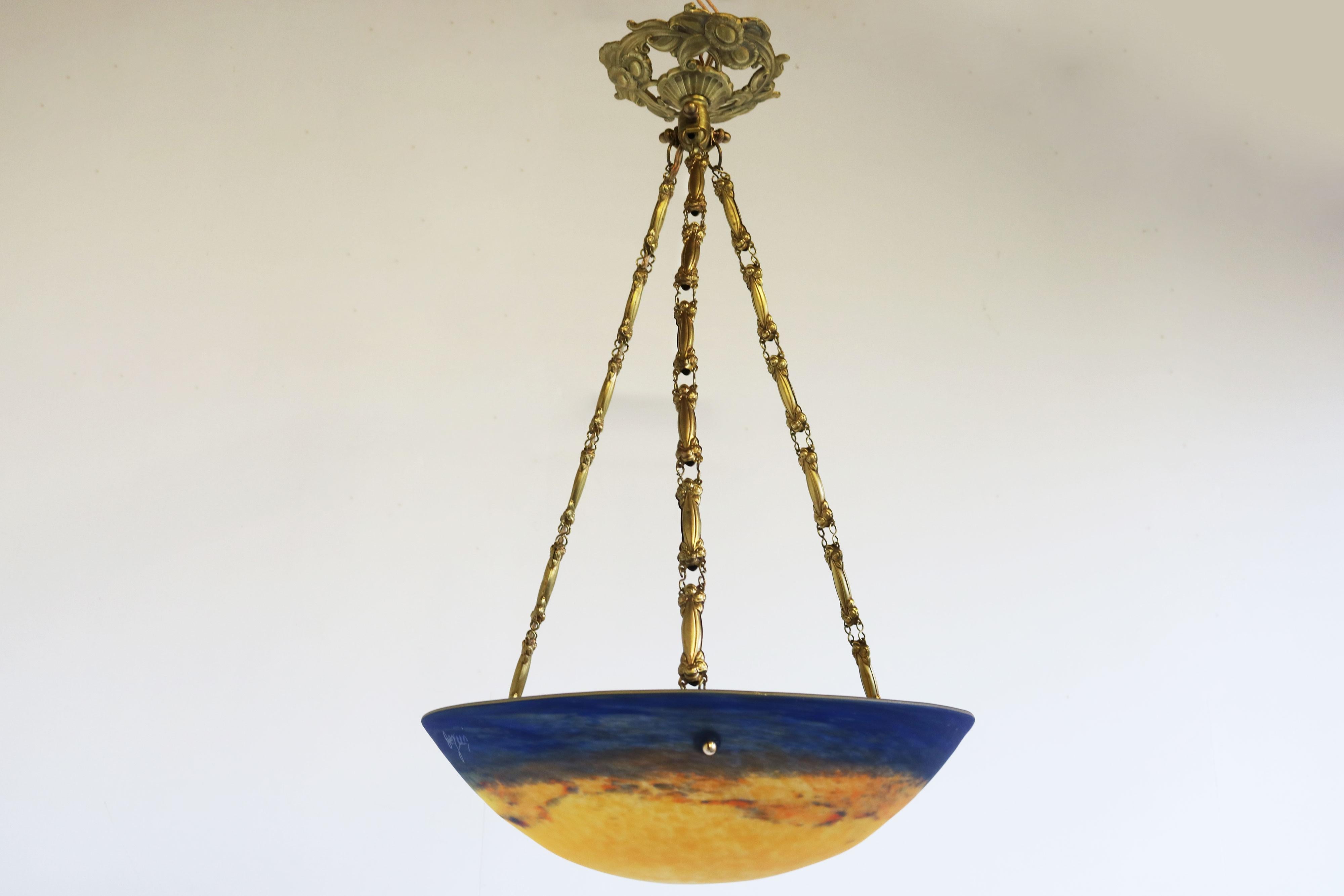 Gorgeous pate de verre degue chandelier antique French art nouveau bronze  For Sale 5