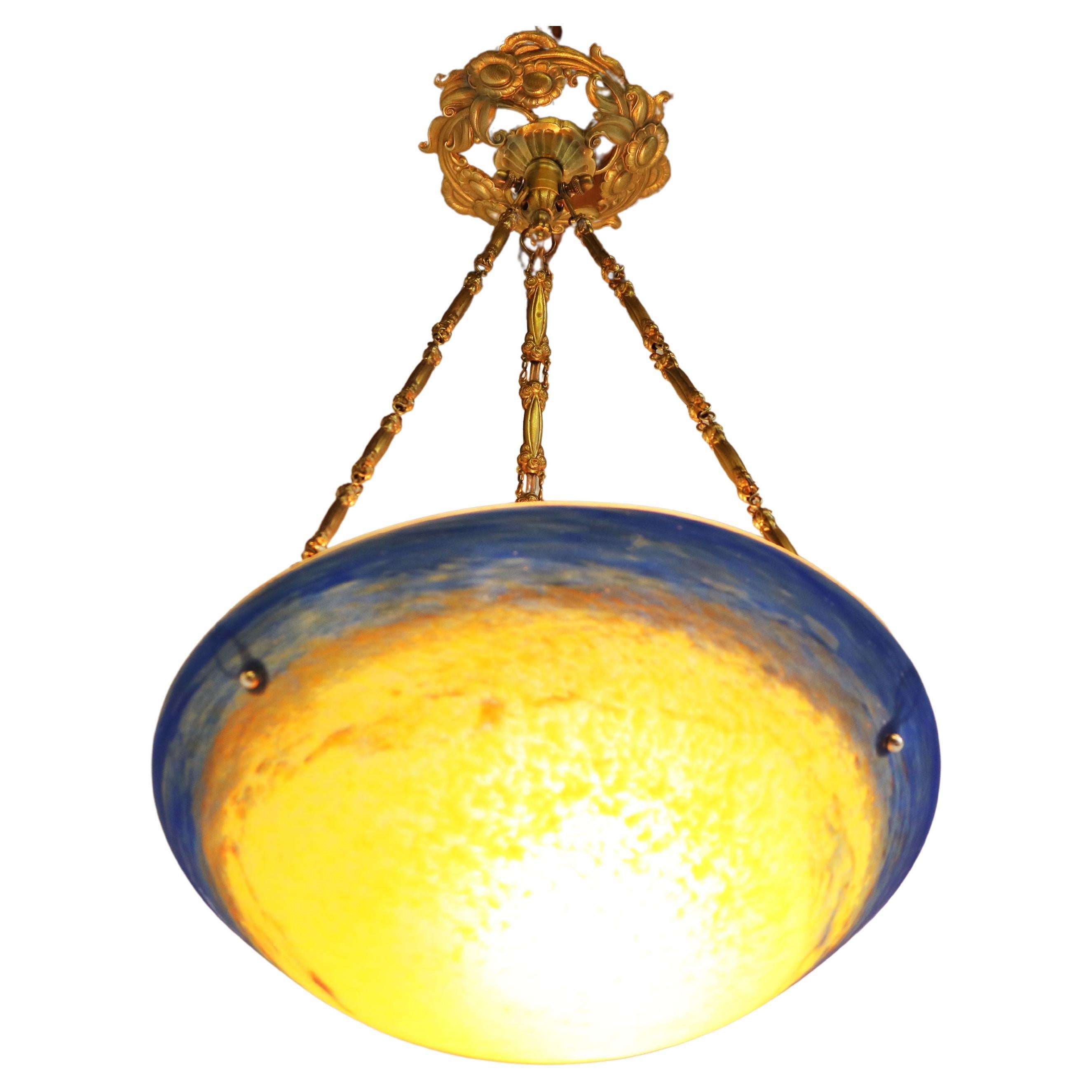 Gorgeous pate de verre degue chandelier antique French art nouveau bronze