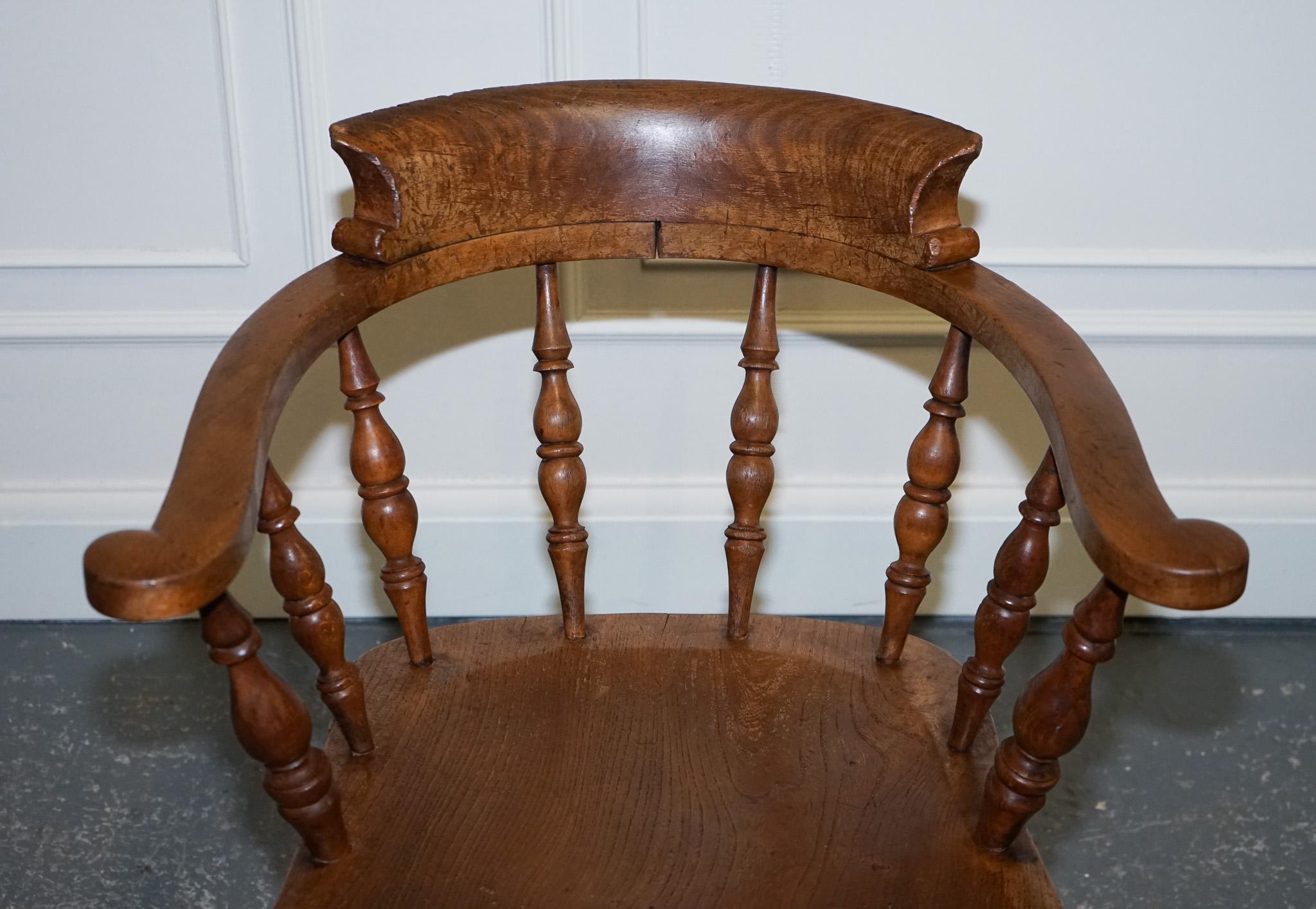 Gorgeous Patina Edwardian Solid Elm Bow Back Smokers Captains Chair For Sale 5