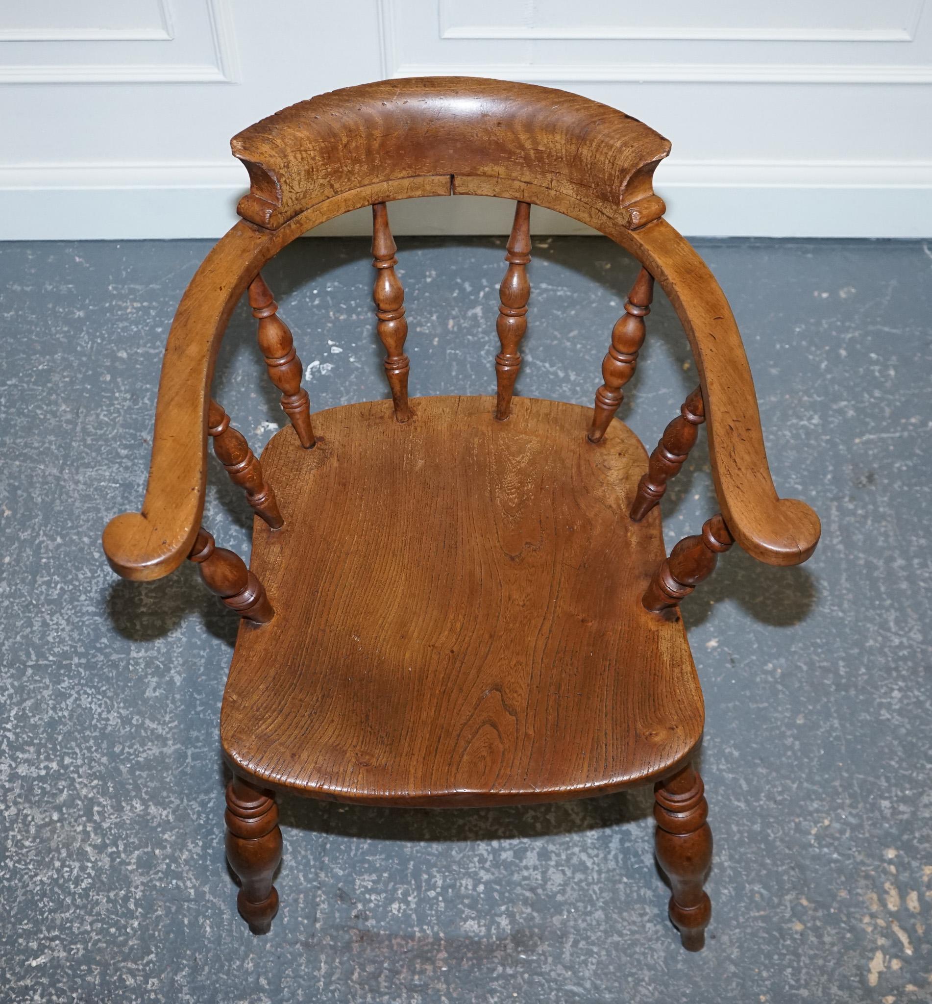 Gorgeous Patina Edwardian Solid Elm Bow Back Smokers Captains Chair For Sale 12