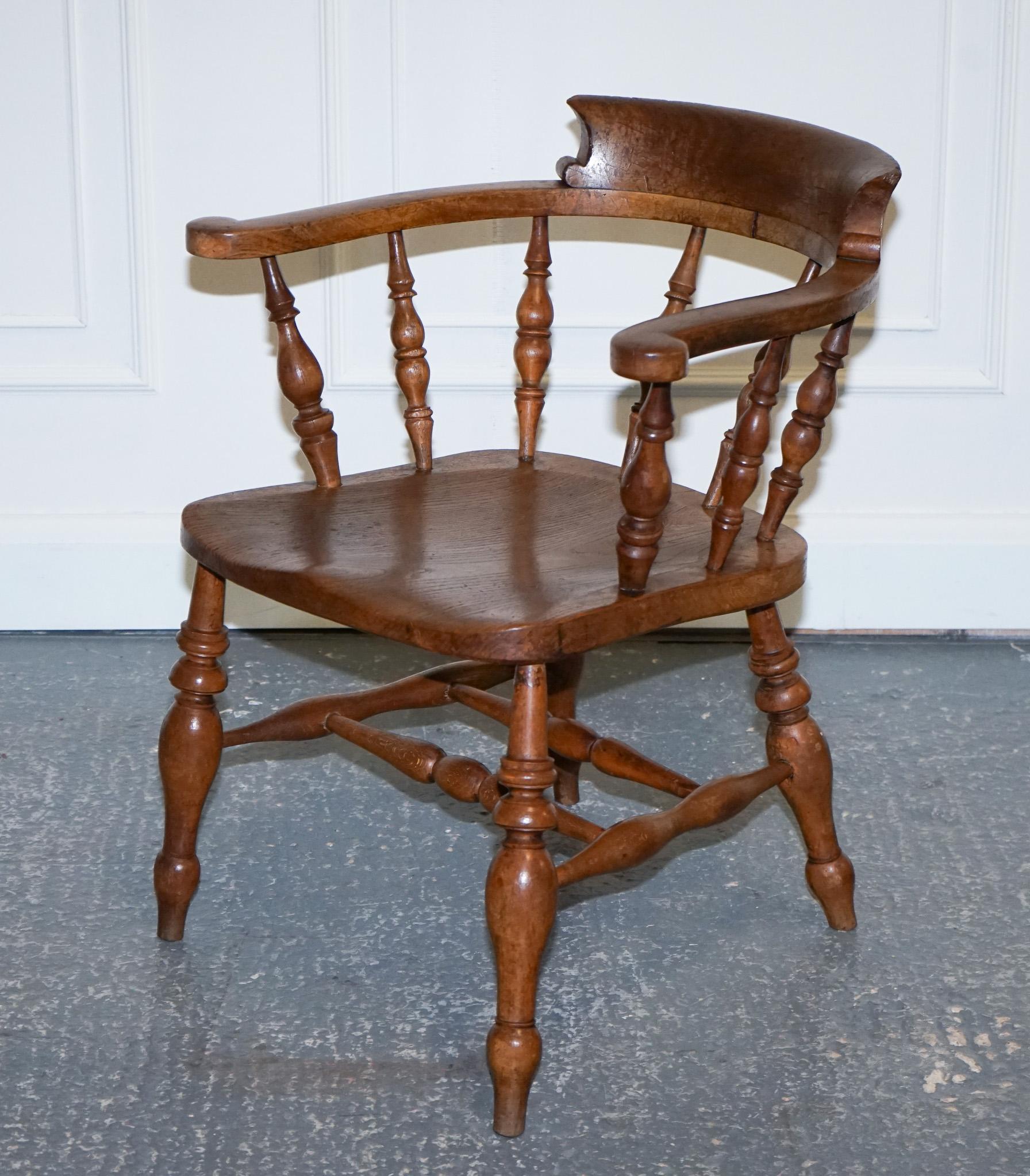 Hand-Crafted Gorgeous Patina Edwardian Solid Elm Bow Back Smokers Captains Chair For Sale