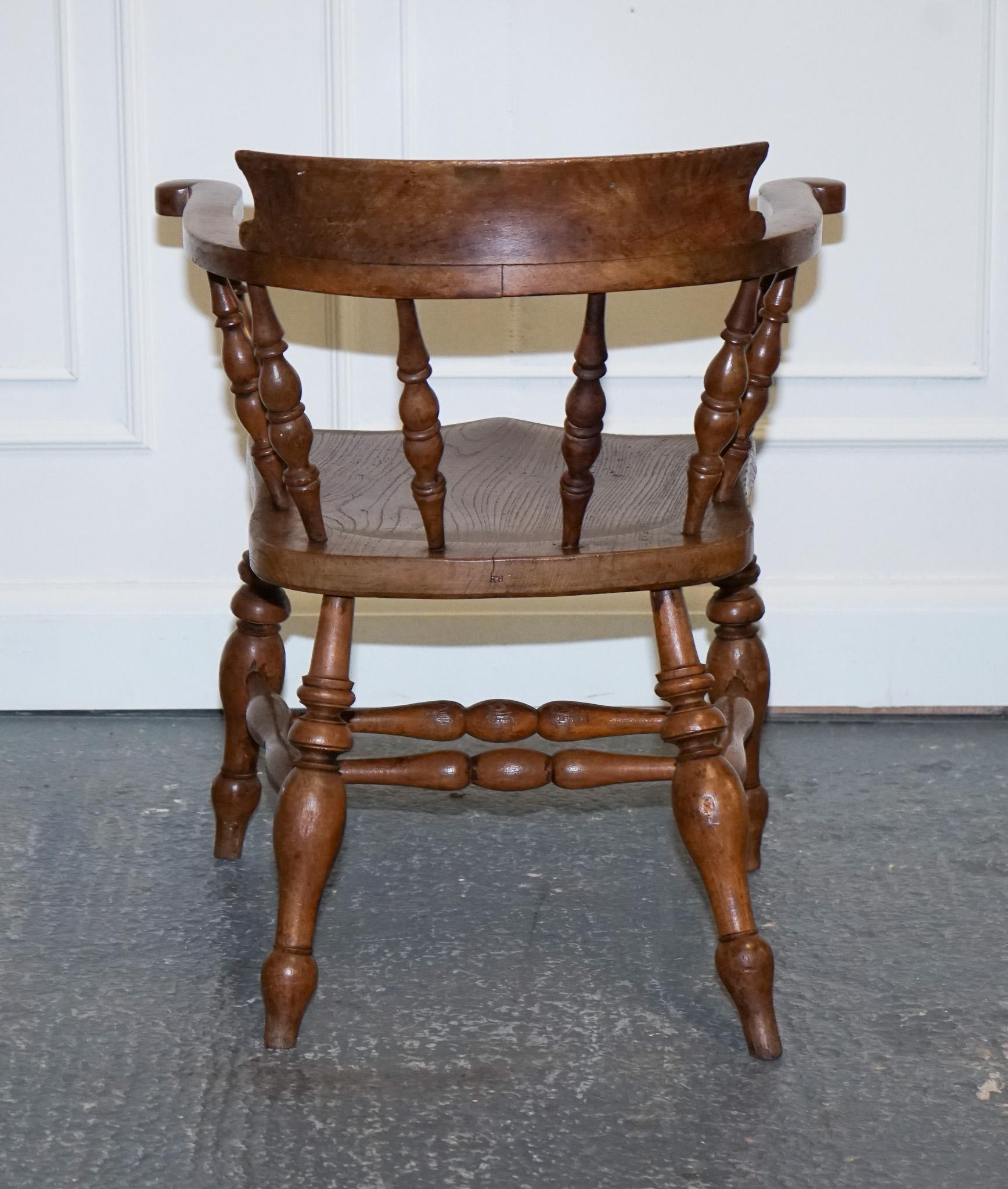 Gorgeous Patina Edwardian Solid Elm Bow Back Smokers Captains Chair For Sale 1
