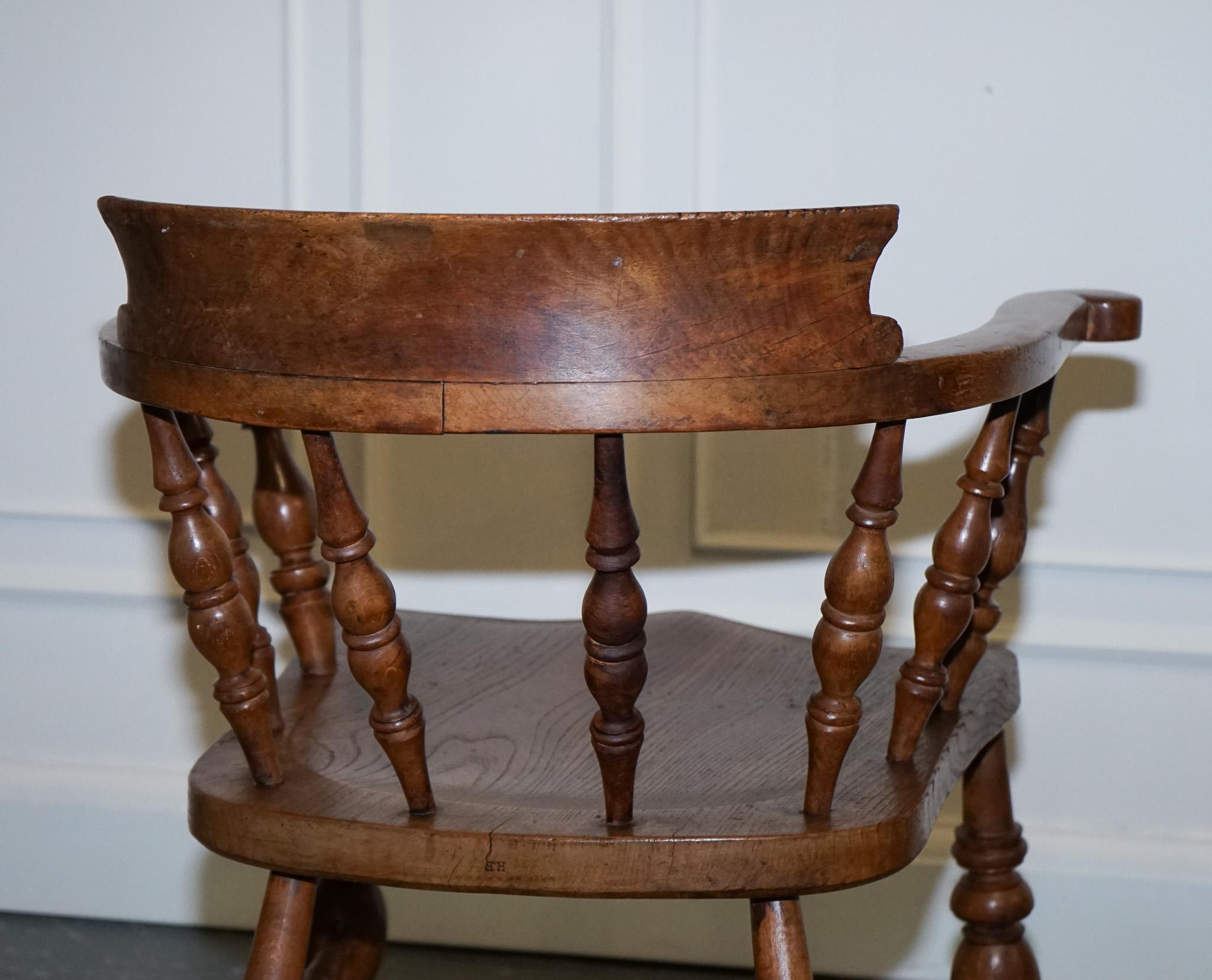 Gorgeous Patina Edwardian Solid Elm Bow Back Smokers Captains Chair For Sale 2